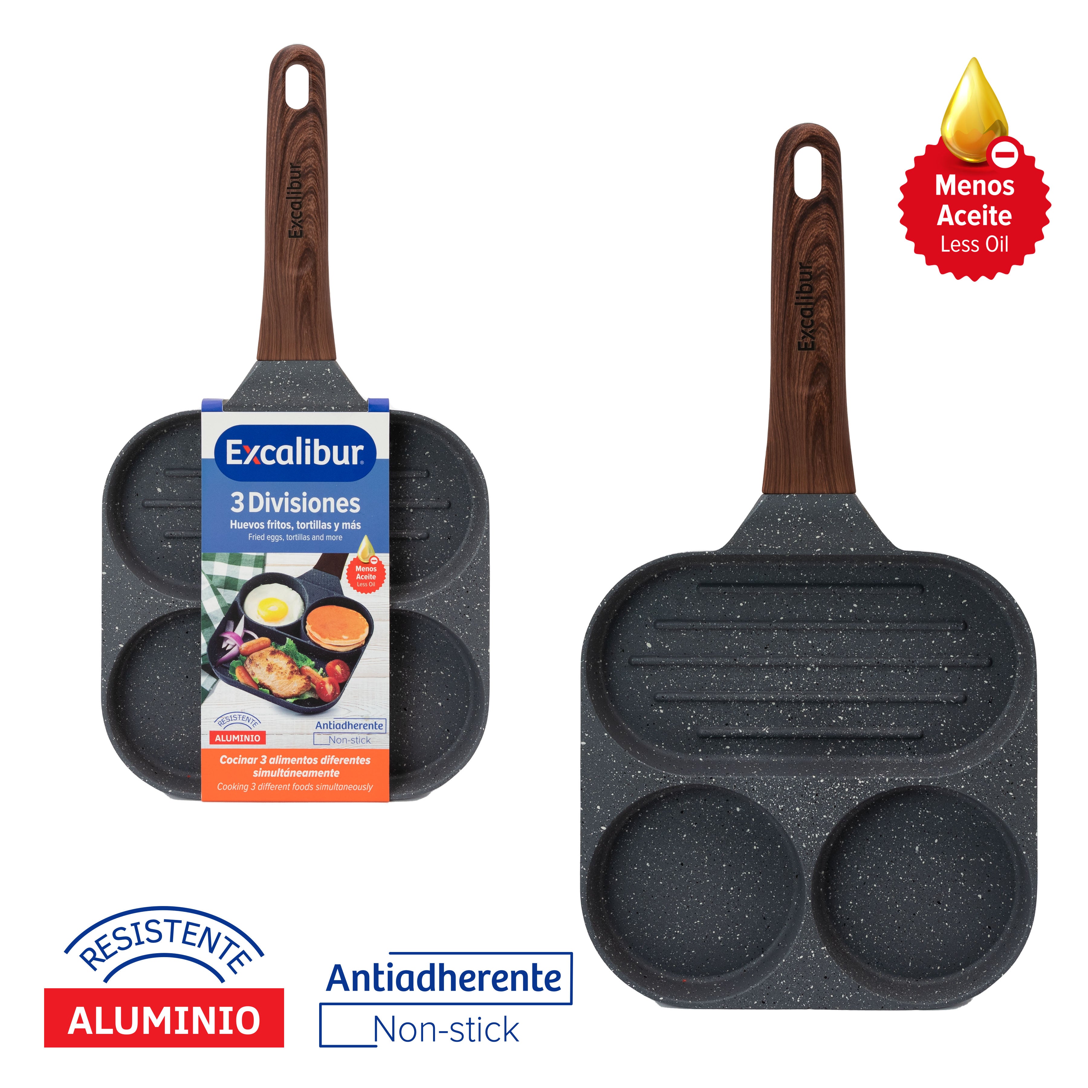 Sartén de Aluminio Antiadherente de 3 Divisiones Excalibur A164-DCP2304