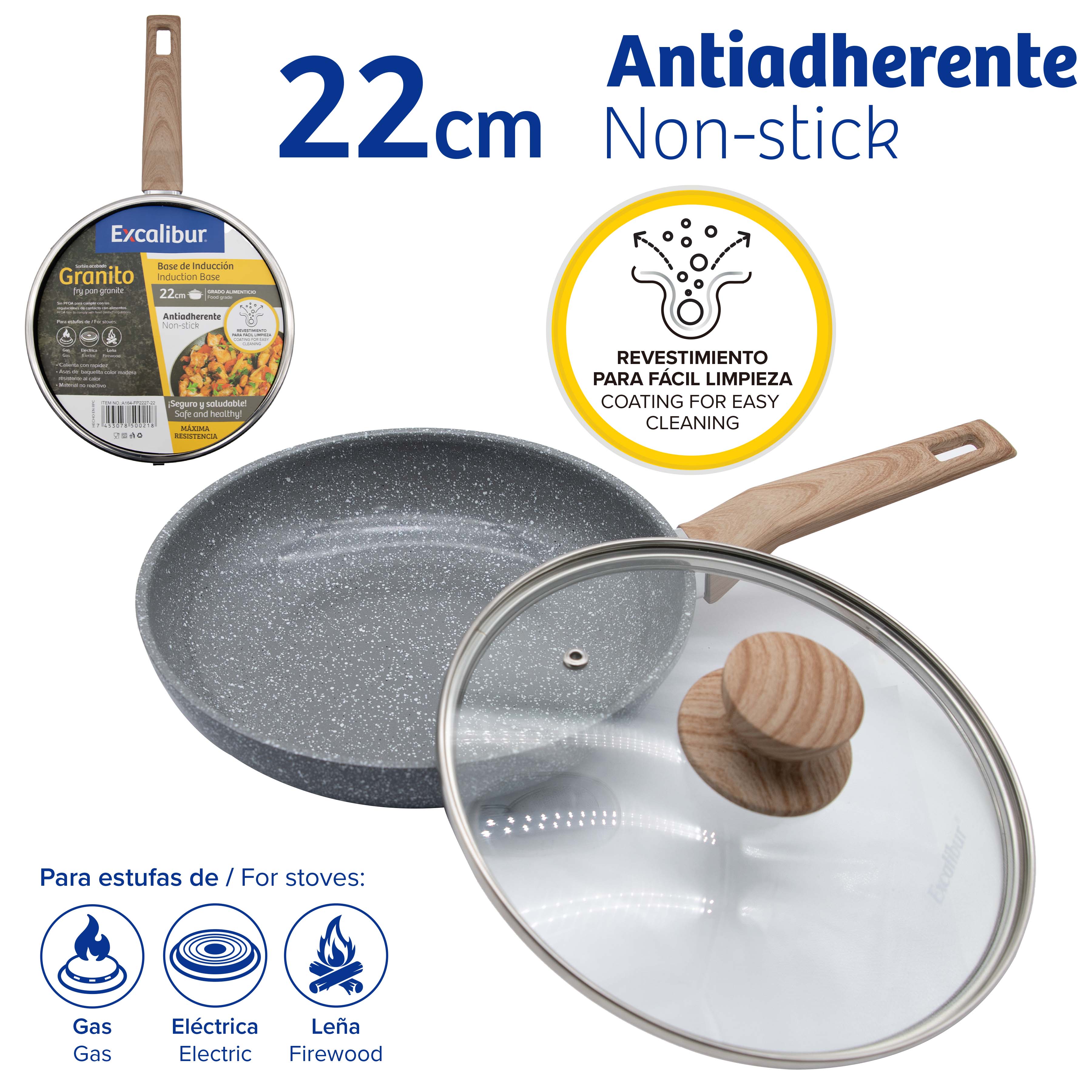 Sartén de Granito con Tapa de Vidrio 22cm Antiadherente Excalibur A164-FP2227-22 EXCALIBUR