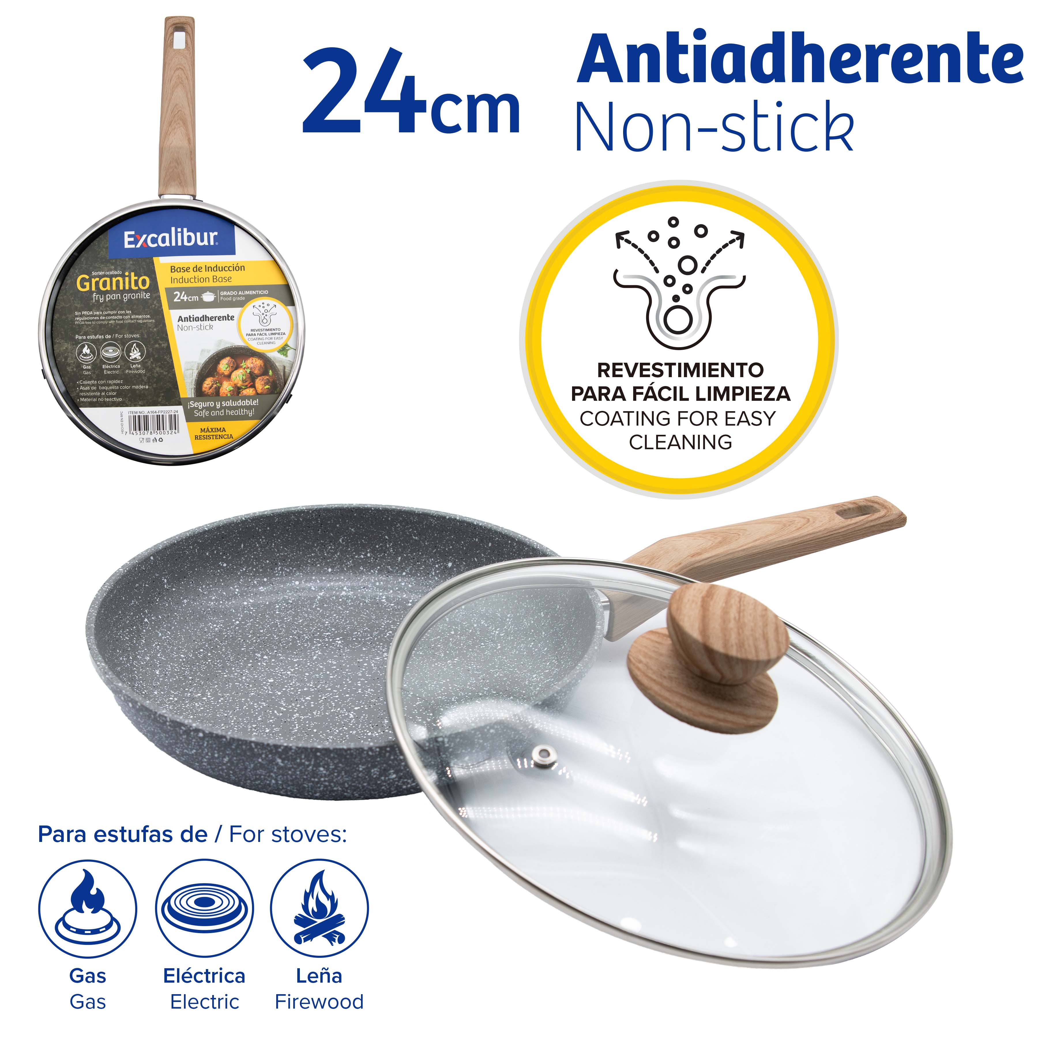 (LLEGANDO 26 DE FEB) Sartén de Granito Antiadherente con Tapa de Vidrio 24cm Excalibur A164-FP2227-24