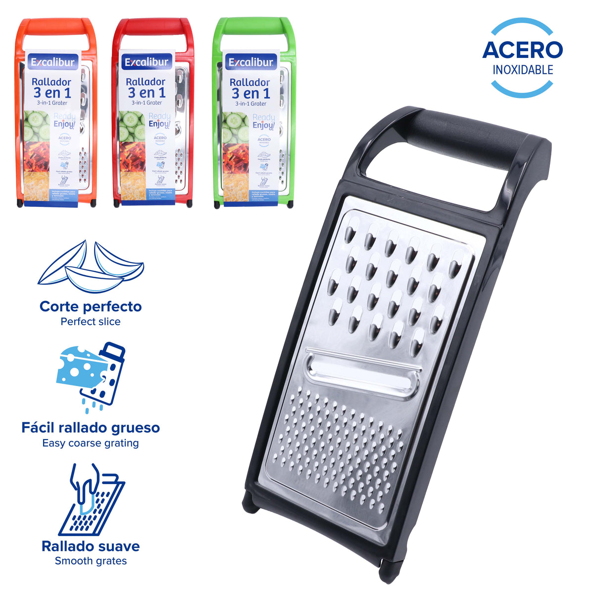 Rallador Multifuncional 3 en 1 de Acero Inoxidable para Queso, Vegetales y Frutas Excalibur A164-GT2201