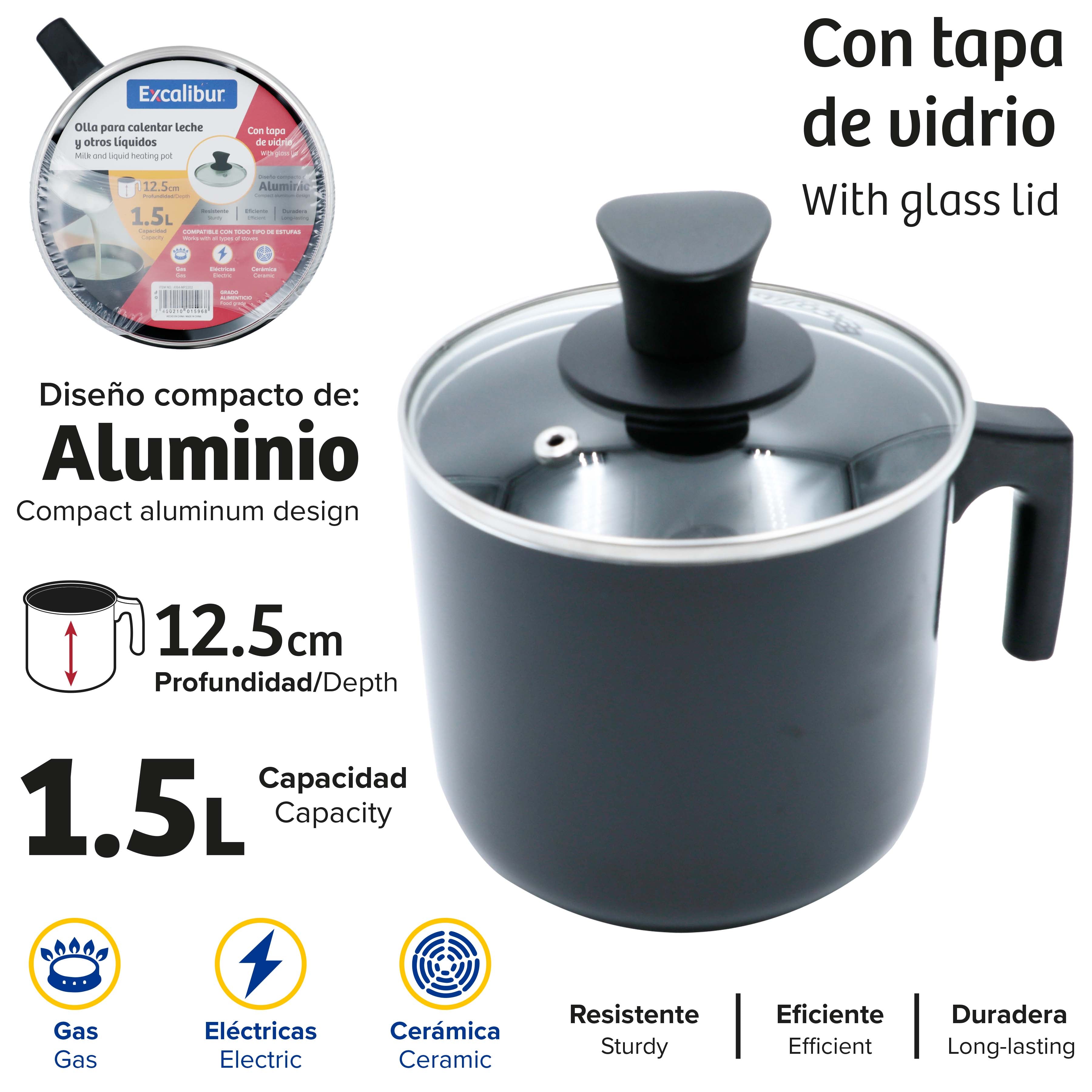 Olla de Aluminio con Tapa de Vidrio 12.5cm/1.5L Excalibur A164-MP2202 EXCALIBUR