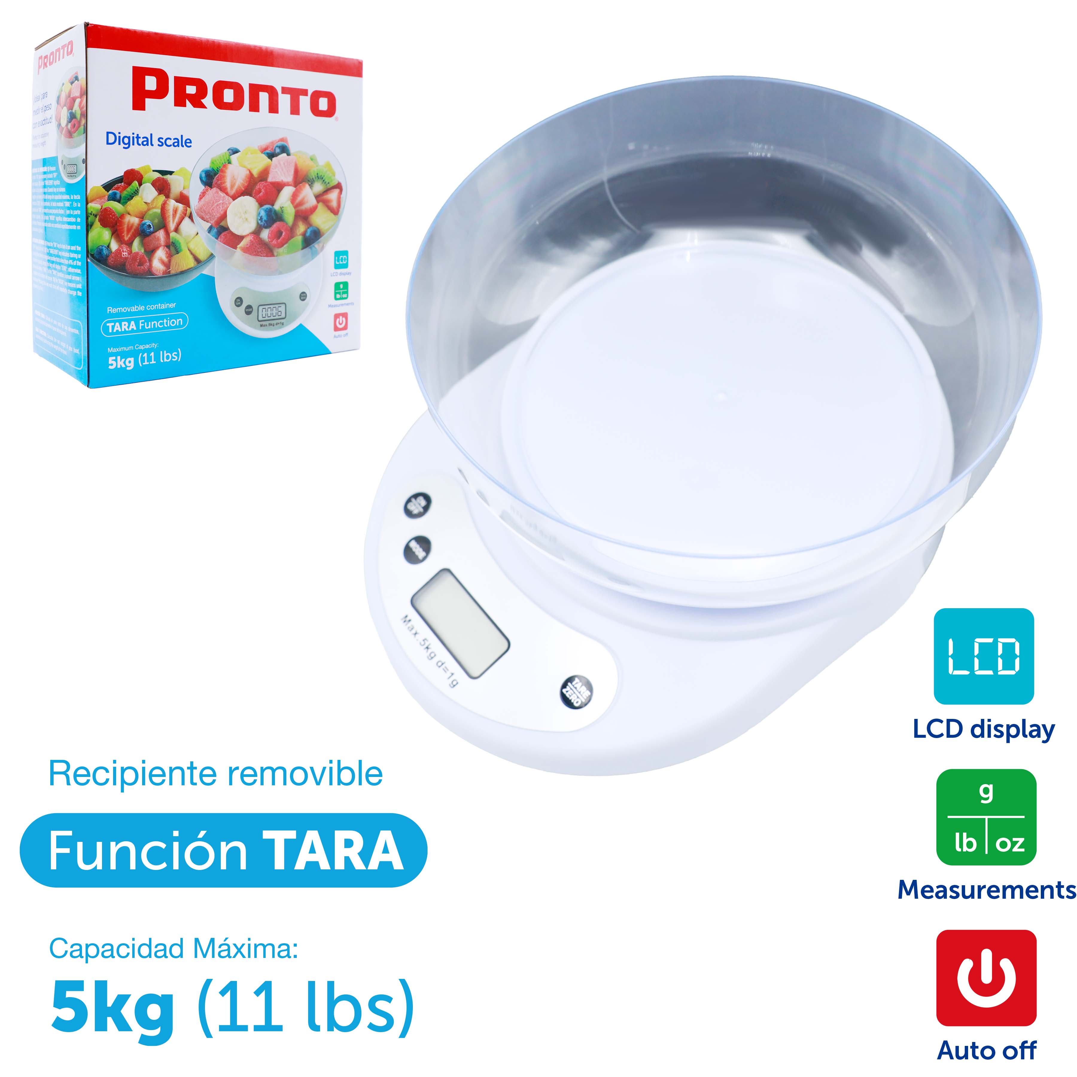 Balanza Digital 5kg/11Lb con Recipiente Pronto A164-SF200 Báscula. Pesa. Pronto