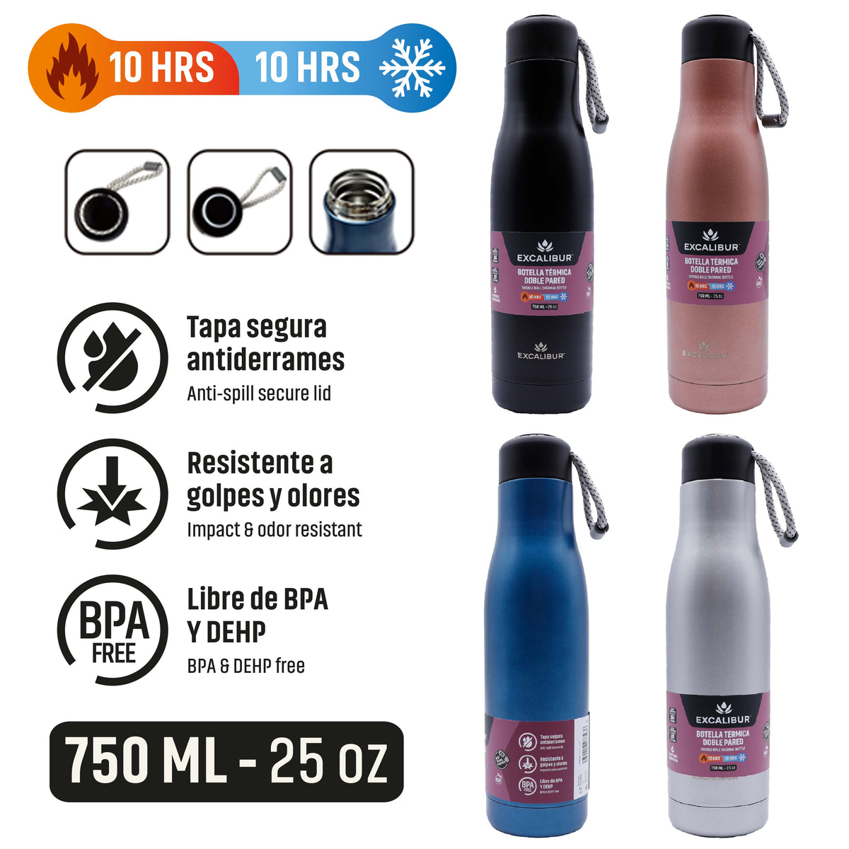 (LLEGANDO 25 DE SEPT) Botella Térmica Termo de Acero Inoxidable 750ml Doble Pared Antiderrames Excalibur A164-SH11
