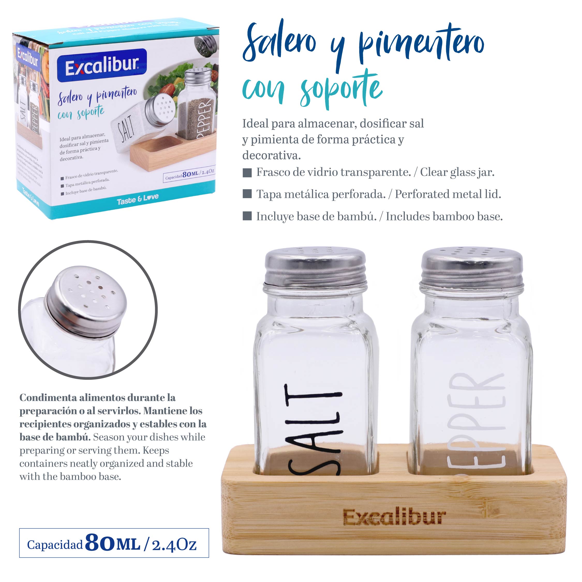 Set 2 Saleros de Vidrio con Base de Bambú 80ml x 2 Excalibur A164-SJ410-3 EXCALIBUR