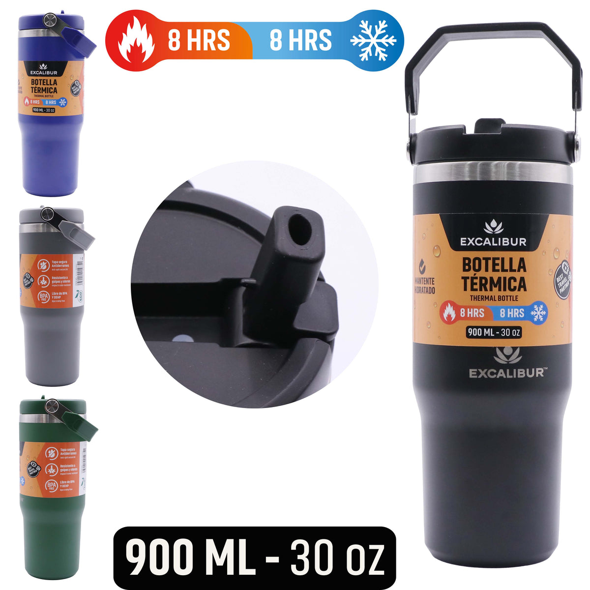 (LLEGANDO 25 DE SEPT) Botella Térmica Termo de Acero Inoxidable 900ml con Asa y Tapa Antiderrames Excalibur A164-VB2506