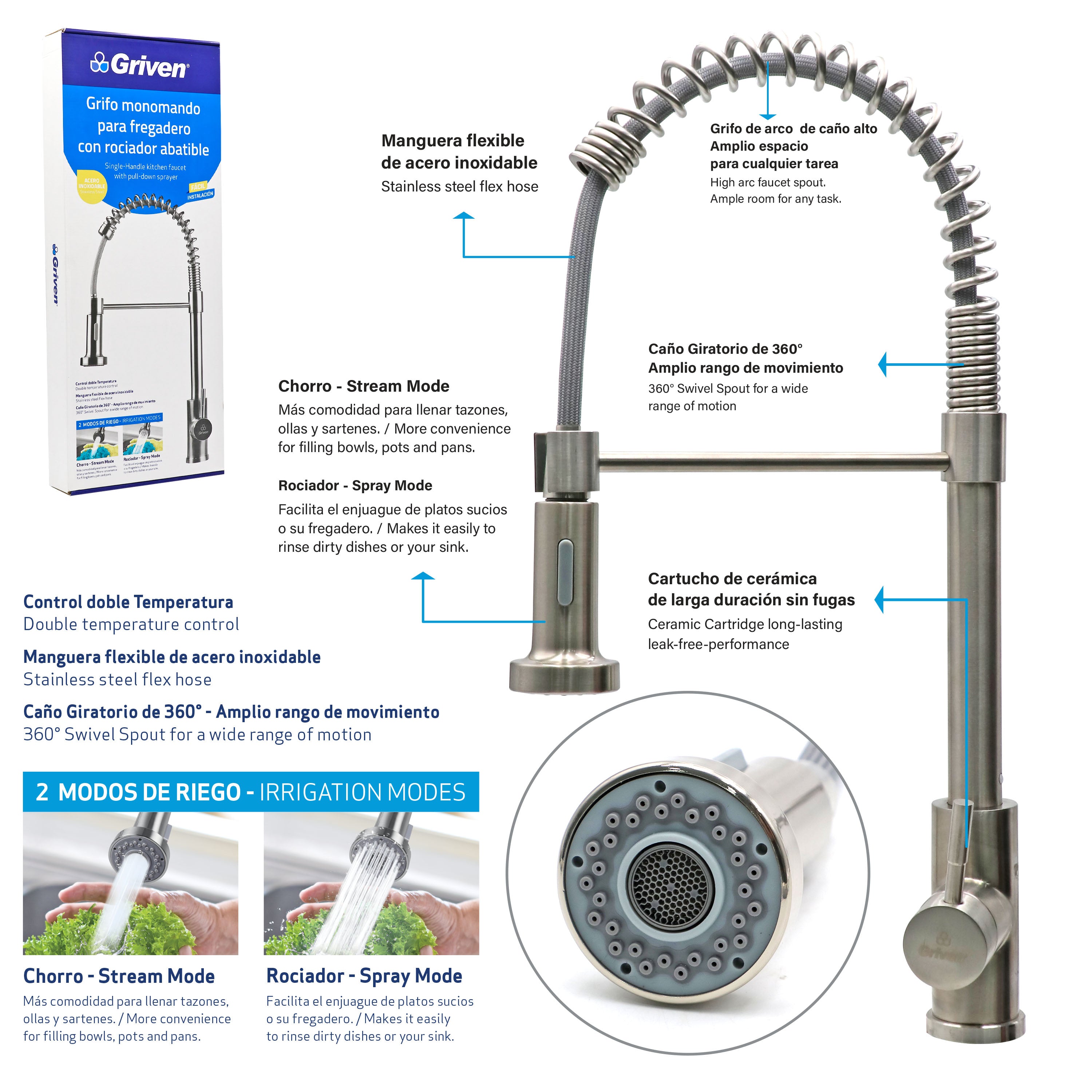 (LLEGANDO 26 DE FEB) Grifo Monomando con Cuello Extensible Acabado en Acero Inoxidable Griven A367-MY-8805 Fregador.