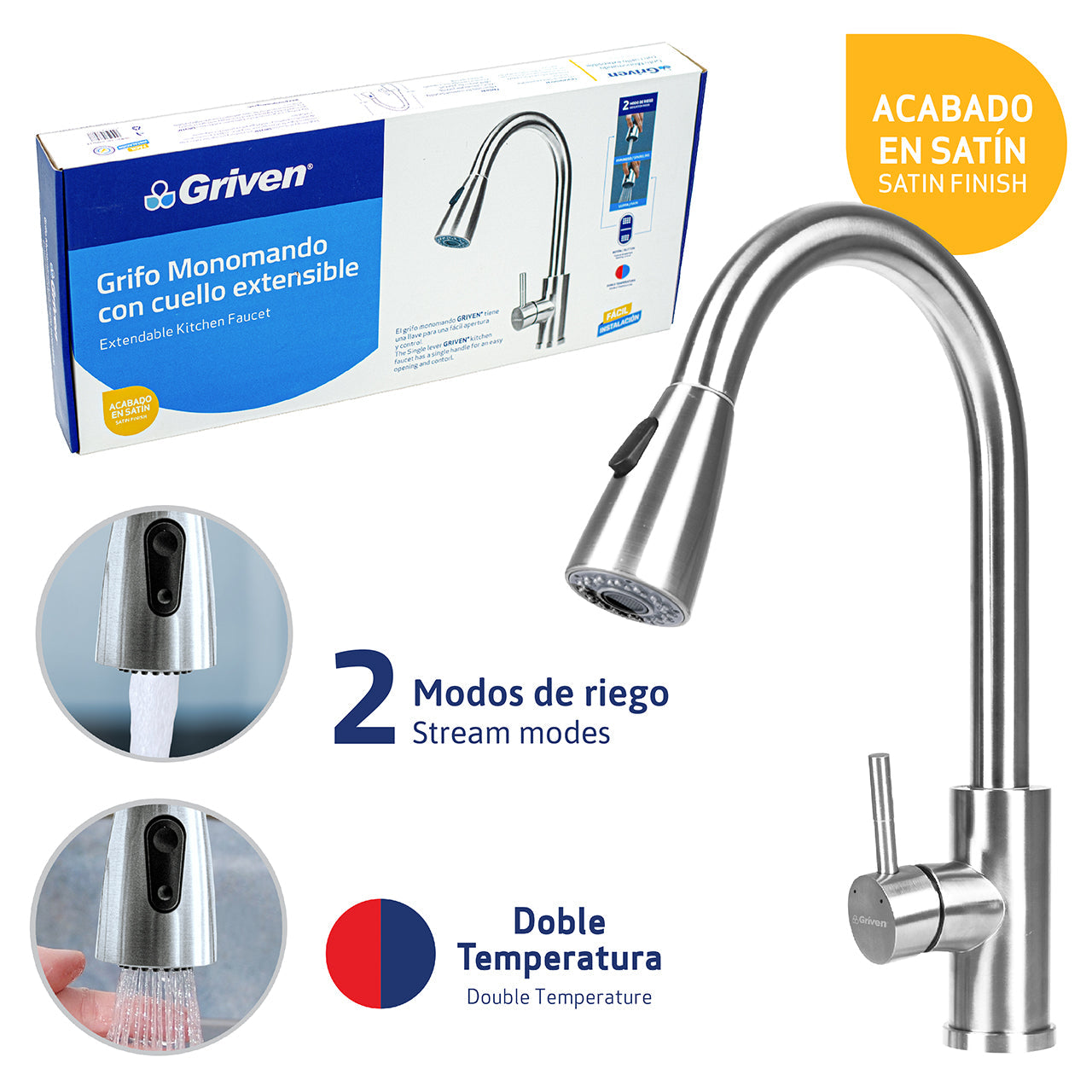 Grifo Monomando con Cuello Extensible Acabado en Satín Griven A367-SH8800-3-8 GRIVEN