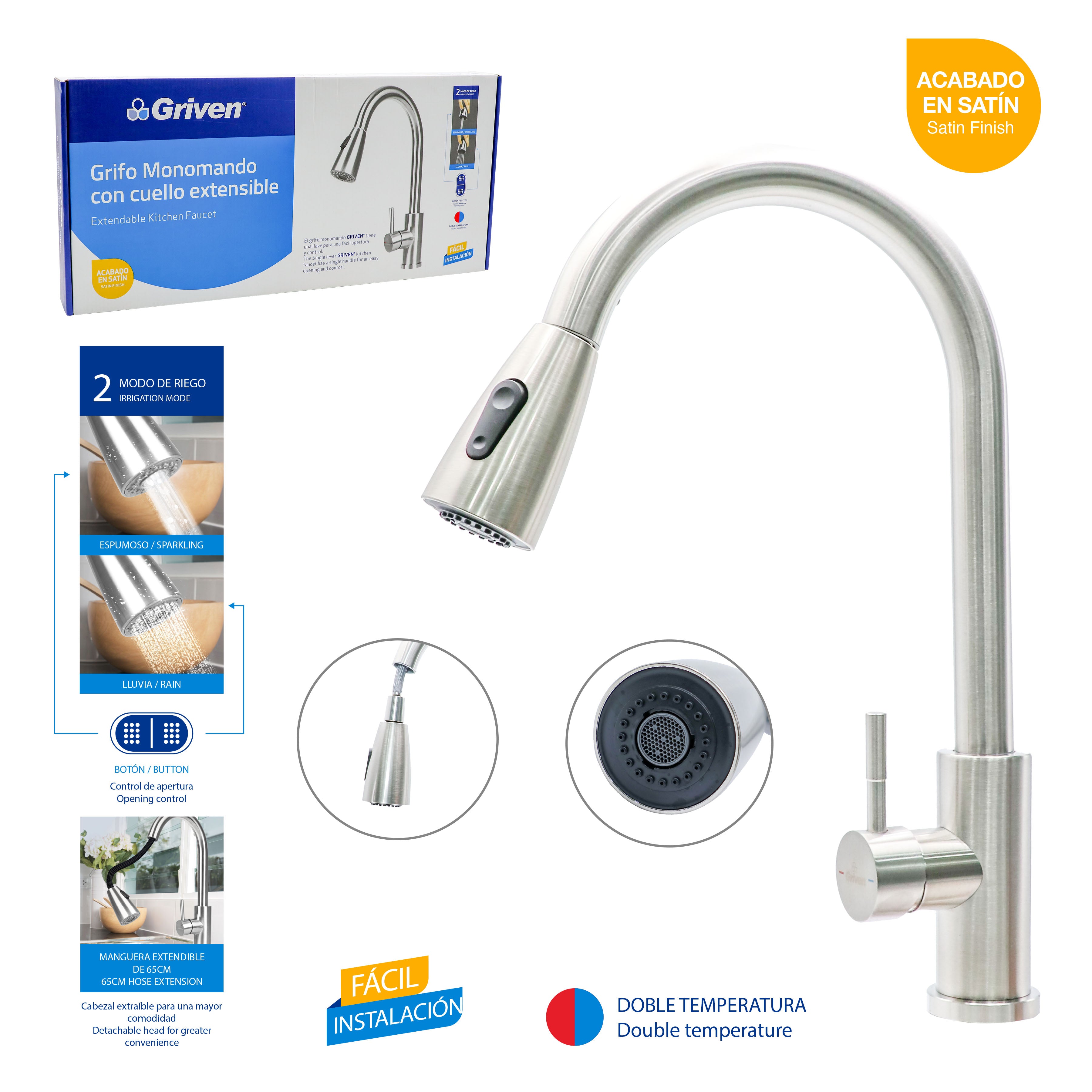 Grifo Monomando con Cuello Extensible Acabado en Satín Griven A367-SH8800