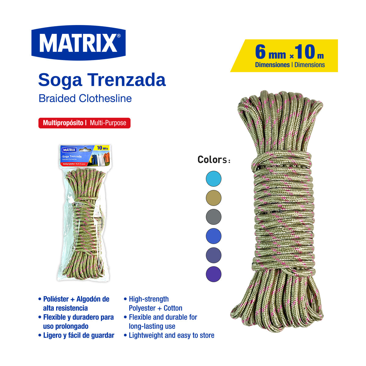Soga de Tela Trenzada 6mm x 10mt Matrix A536-RPD10M Cuerda. MATRIX