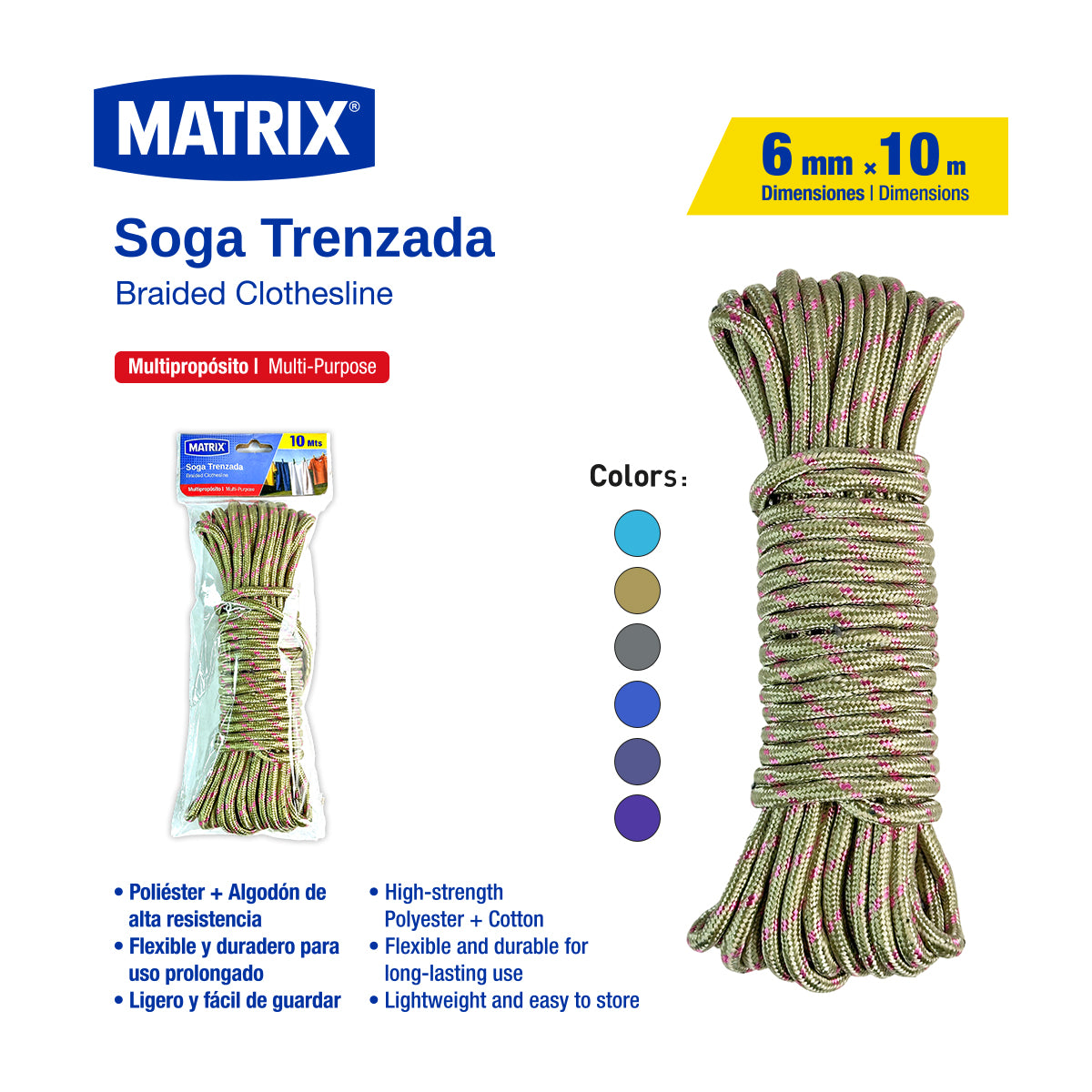 Soga de Tela Trenzada 6mm x 10mt Matrix A536-RPD10M Cuerda.