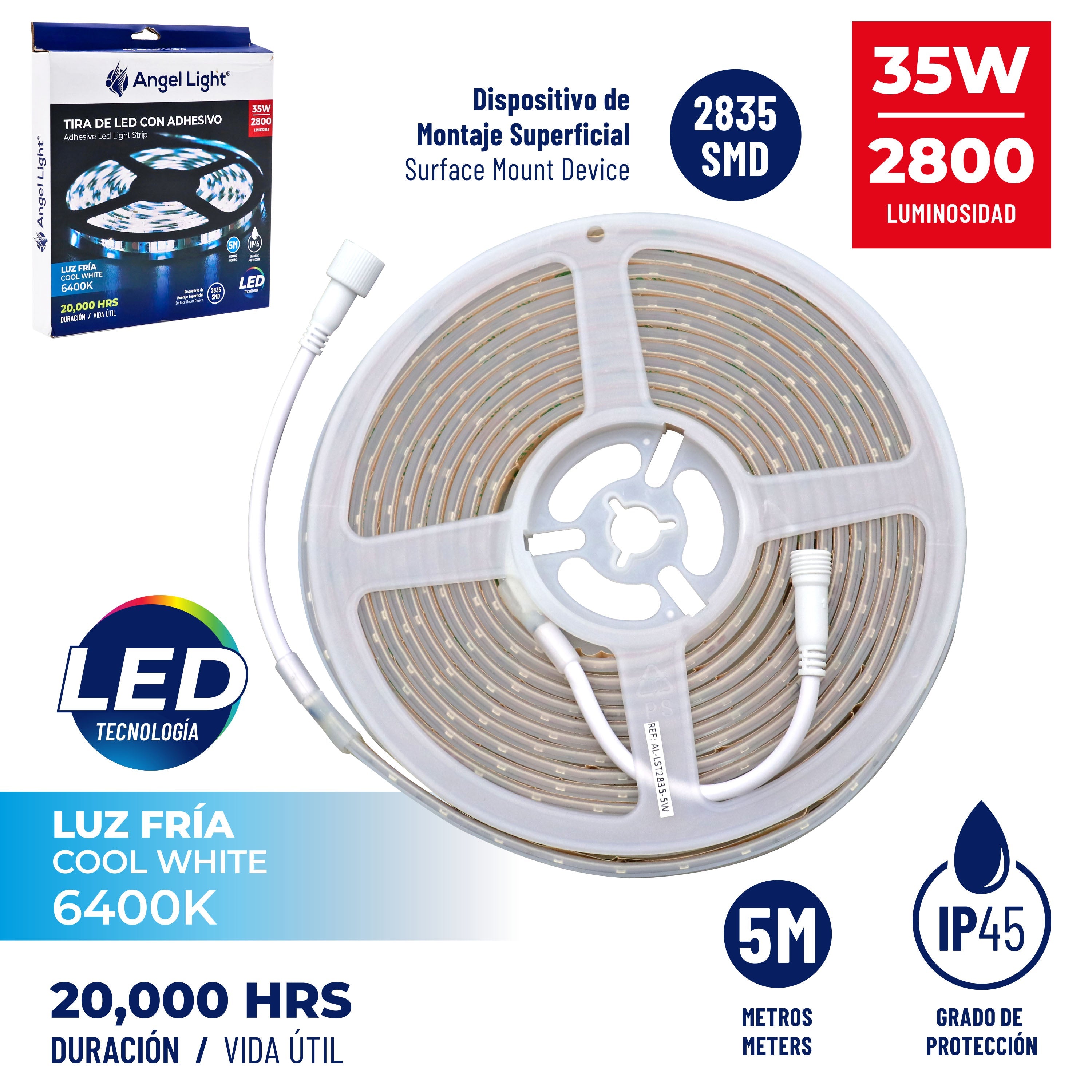 Tira de Luces LED Luz Fría con Adhesivo 35W 5mt de Distancia Angel Light AL-LST2835-5W ANGEL LIGHT