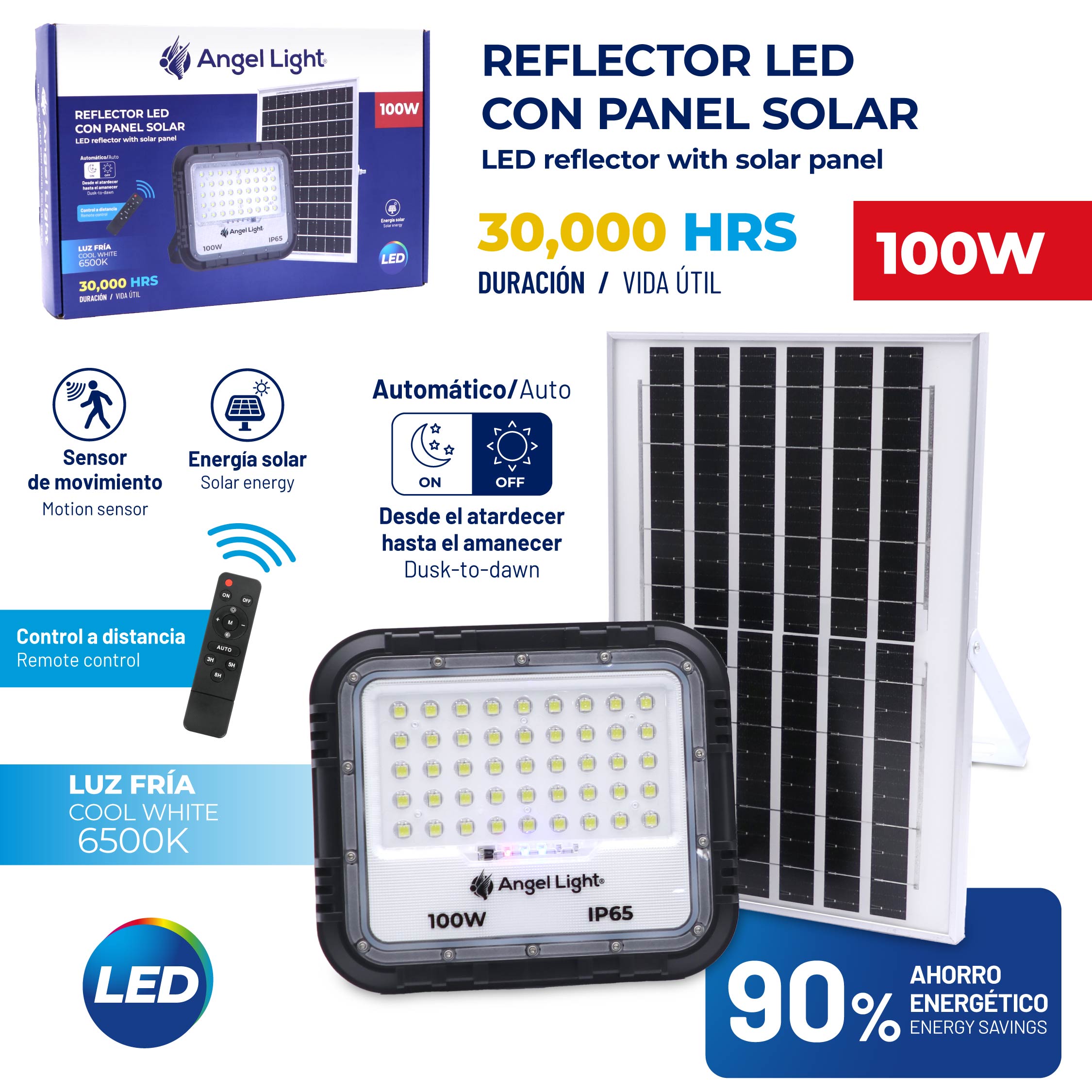 Lámpara Reflector LED con Panel Solar 100W 6500K Luz Fría IP65 Angel Light AL-SFL-100W ANGEL LIGHT