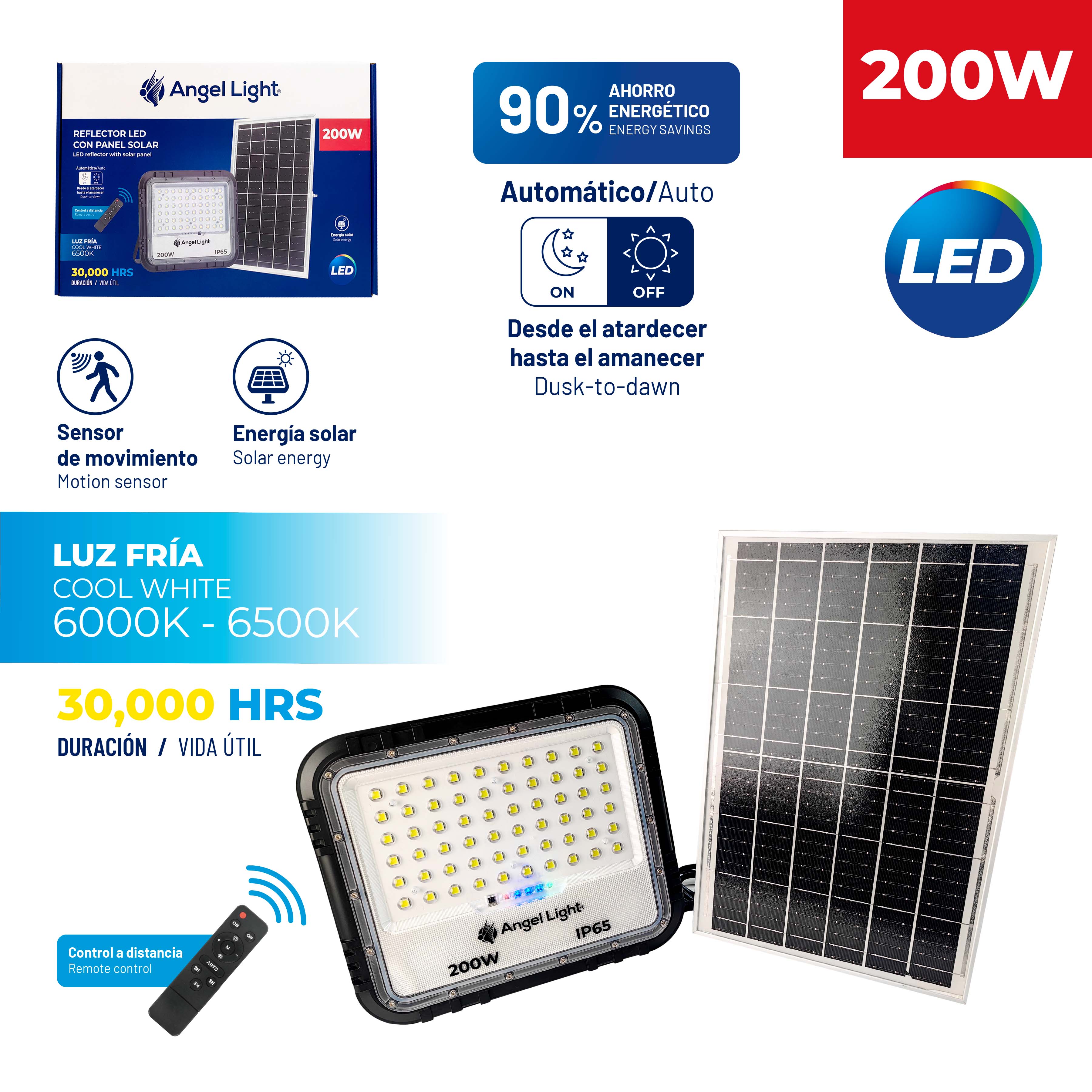Lámpara Reflector LED con Panel Solar 200W 6500K Luz Fría IP65 Angel Light AL-SFL-200W ANGEL LIGHT