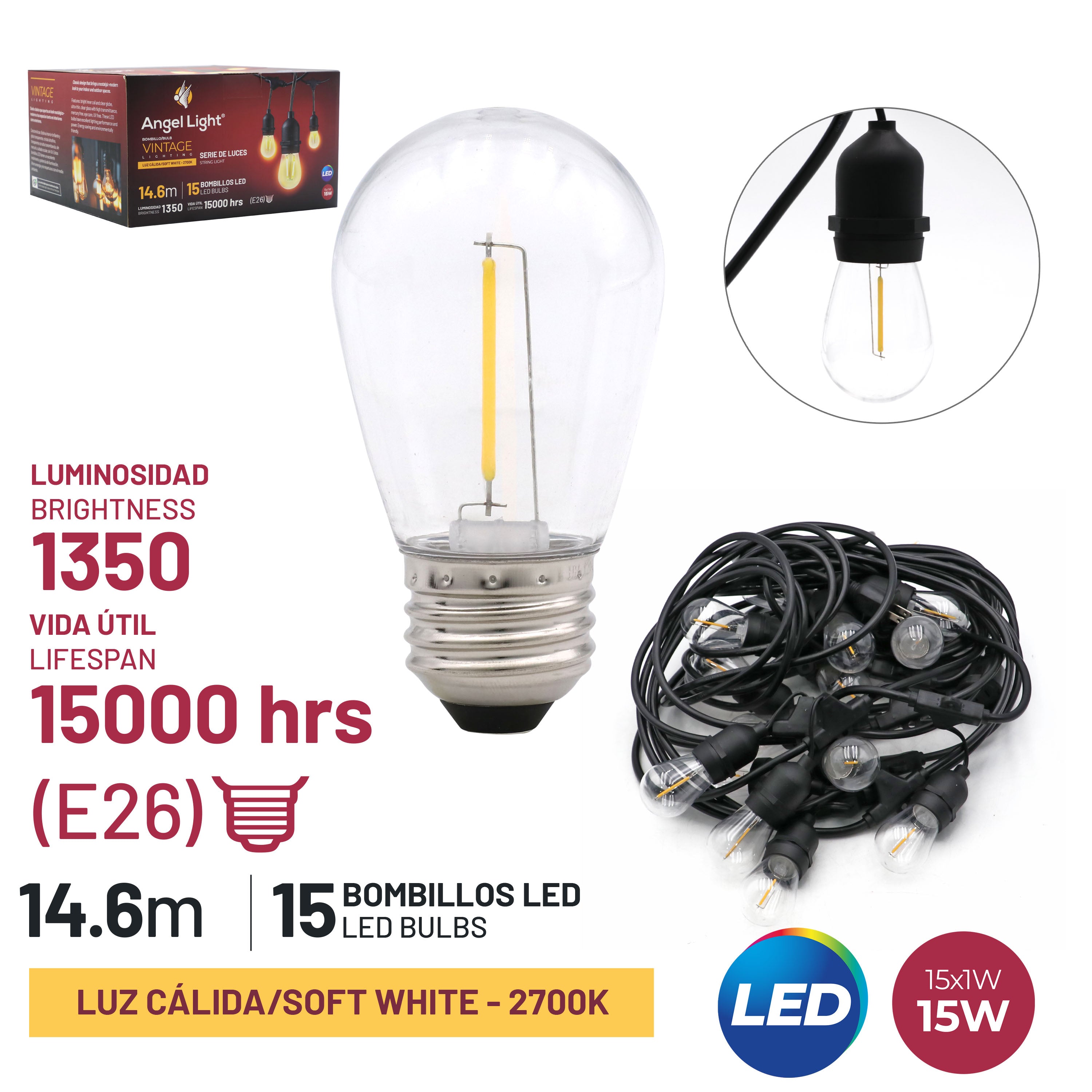 Set de 15 Bombillos LED Amarillos 14.6m Angel Light AL-SL146-15L