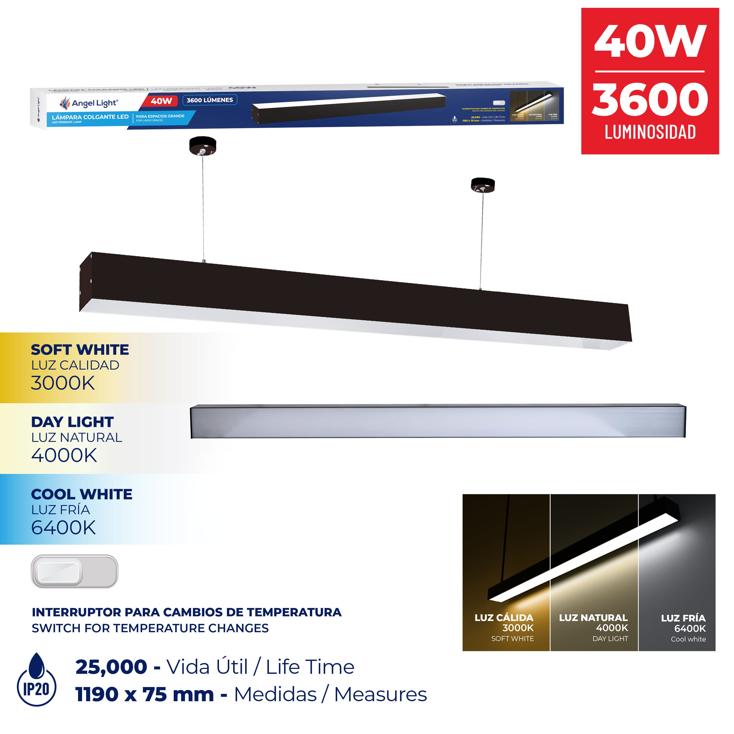 Lampara LED Colgante 40W 3 Tonos Negro 1190x75mm Angel Light AL-YCCT-40W-BK ANGEL LIGHT