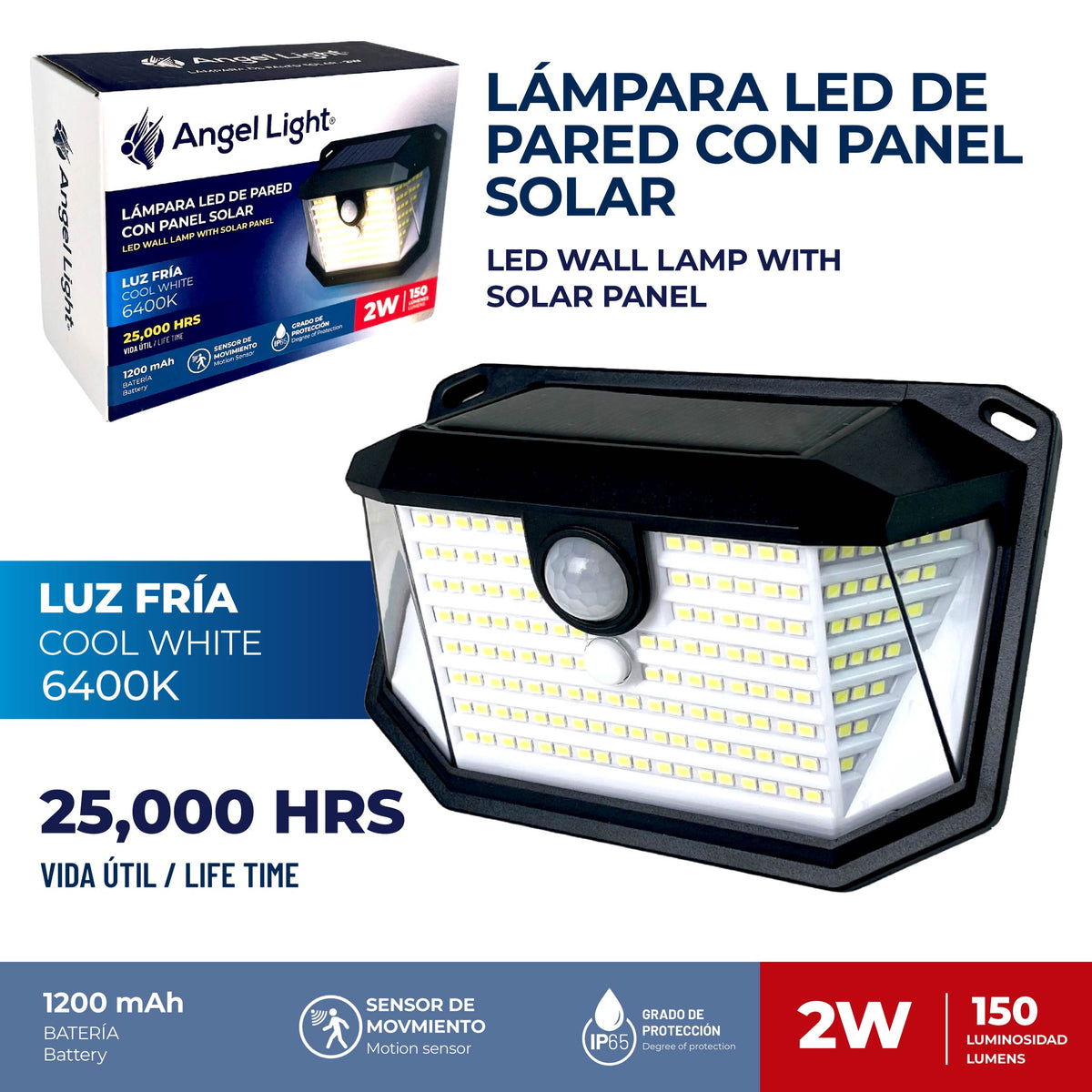 (LLEGANDO 25 DE SEPT) Lámpara LED Solar de Pared 2W 150 Lúmenes con Sensor de Movimiento Angel Light AL-ZHWL-1