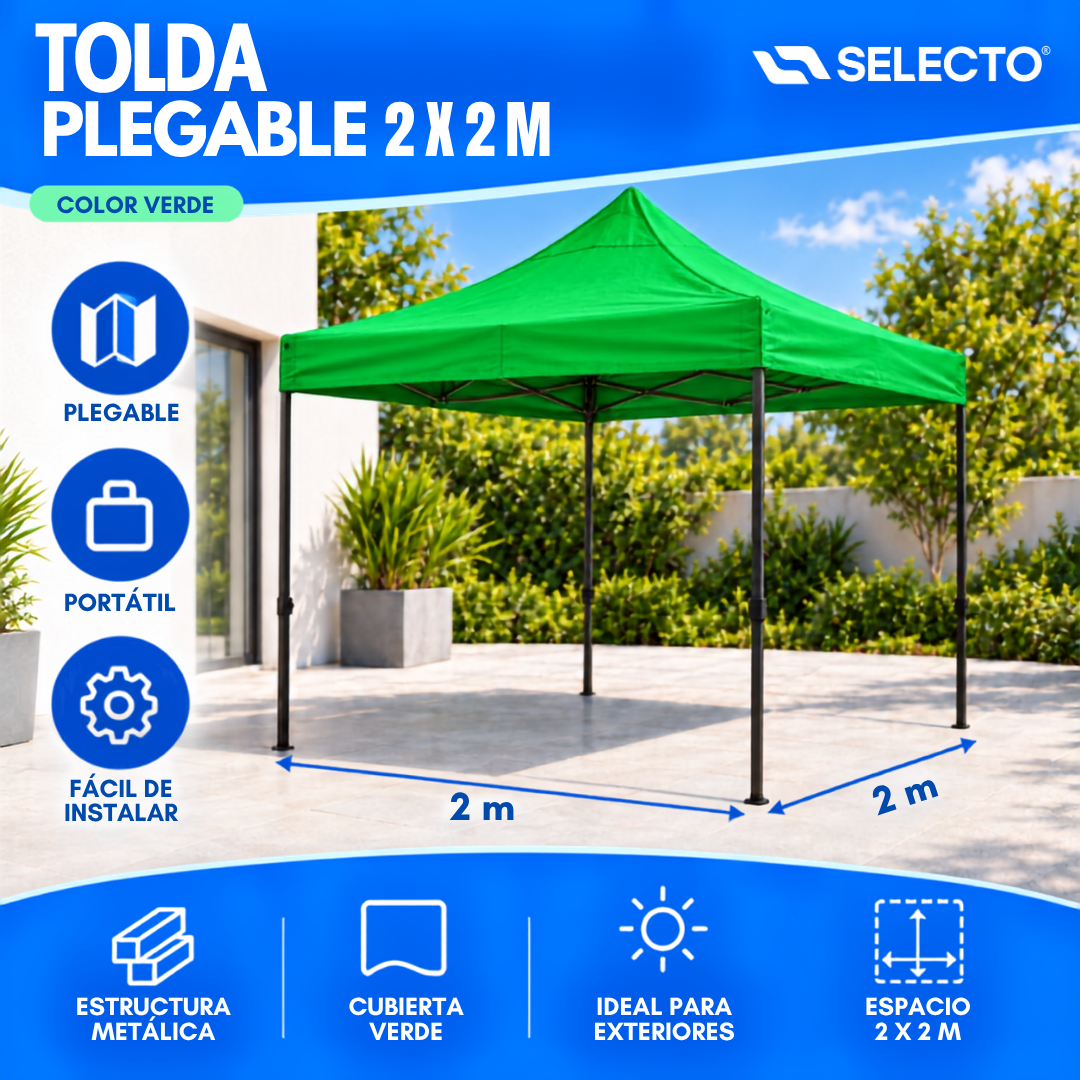 Tolda Carpa Plegable Gazebo 2x2 Metros Verde Portátil para Exteriores HS-PTJG-022GR