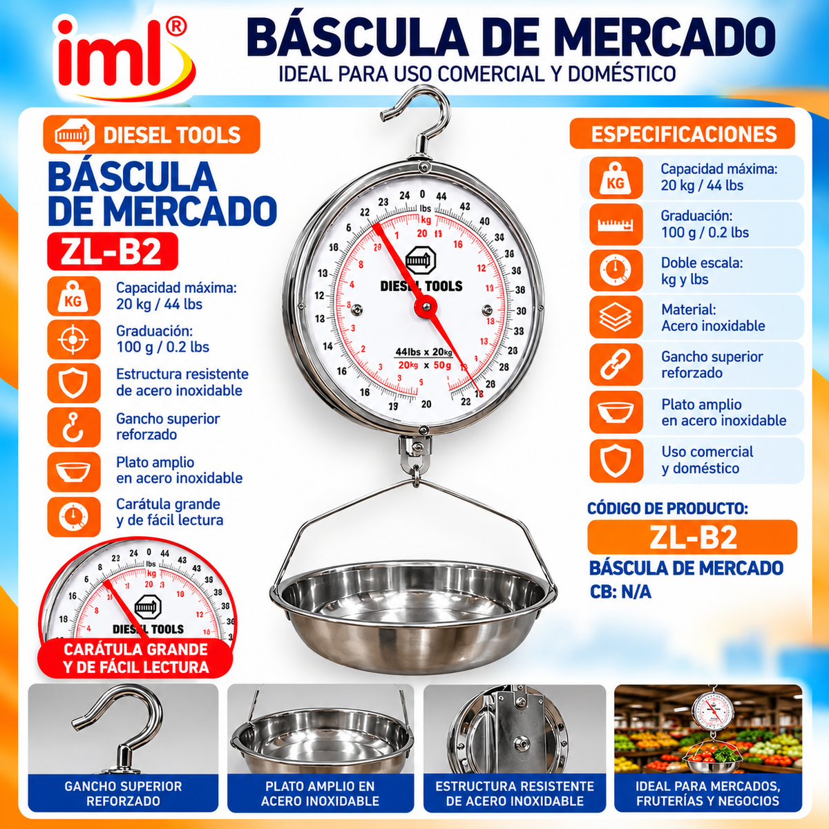 Báscula Balanza Pesa de Mercado Colgante Mecánica Diesel Tools 20 kg / 44 lb con Plato de Acero Inoxidable, Doble Escala – ZL-B2