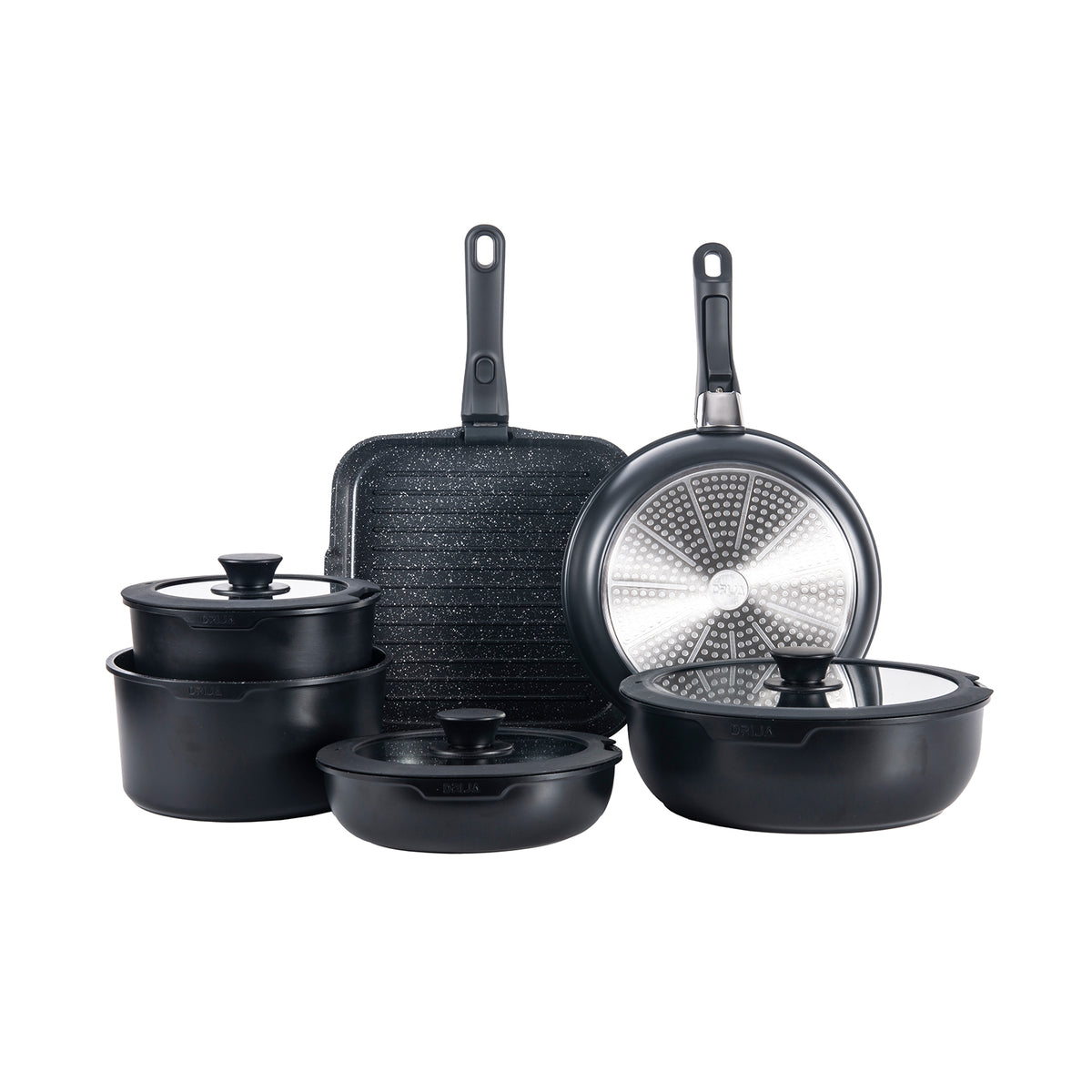 Juego de Ollas y Sartenes 19 Piezas Antiadherente Negro Compatible con Estufa de Inducción Drija BUCATINI 19-B