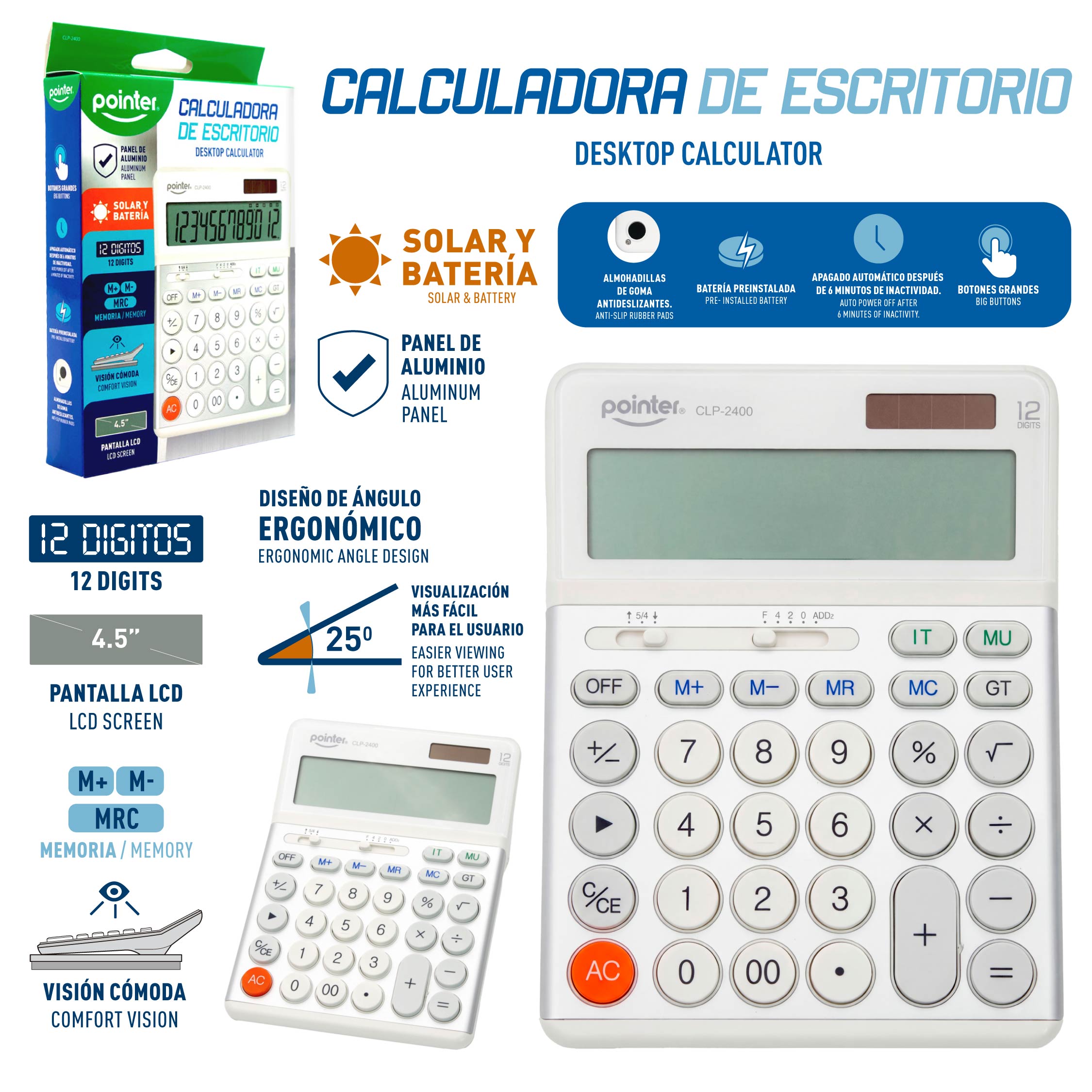 (LLEGANDO 5 DE MAYO) Calculadora Sumadora 12 Dígitos Solar y Batería Pointer CLP-2400