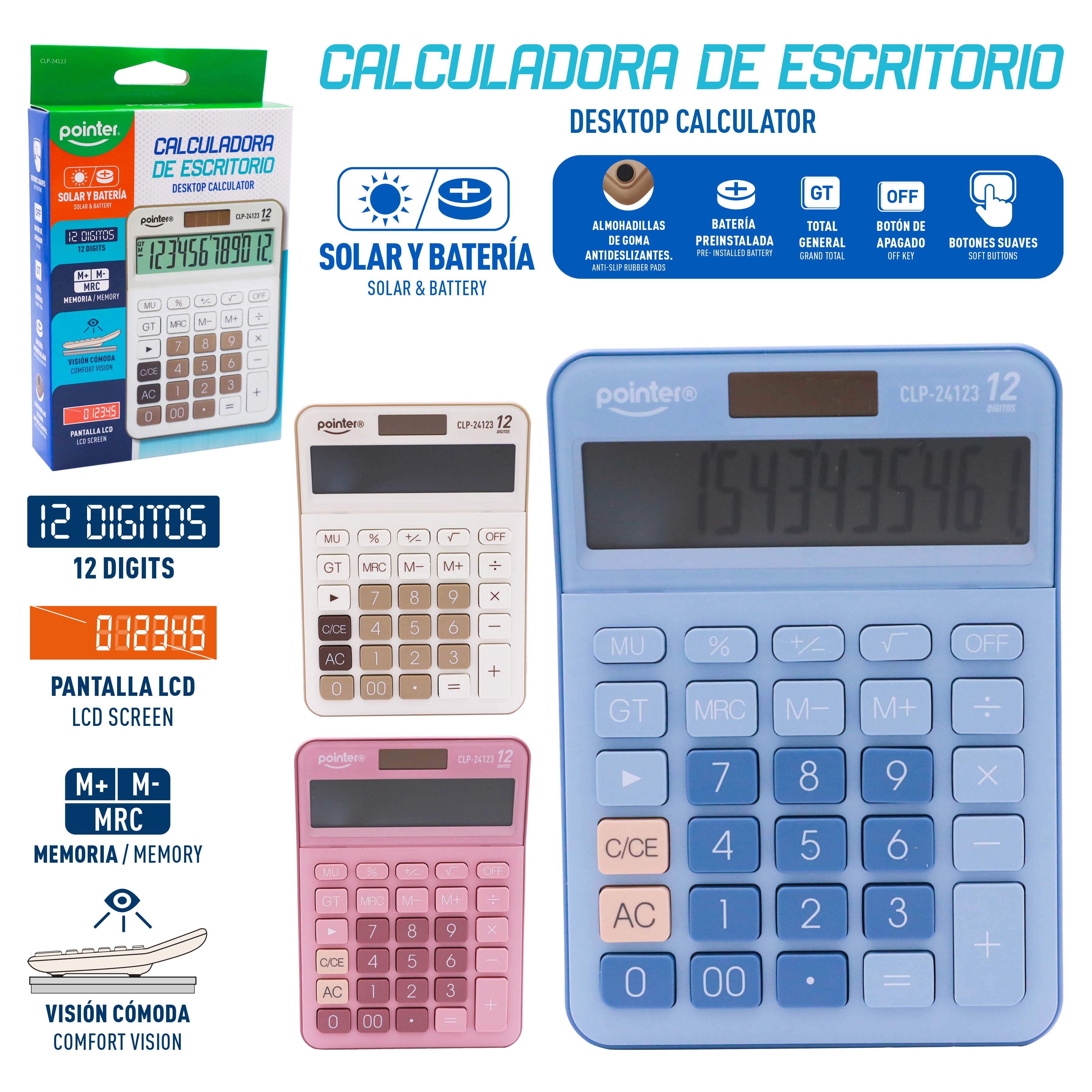 Calculadora Sumadora 12 Dígitos Solar y Batería Pointer CLP-24123 Pointer