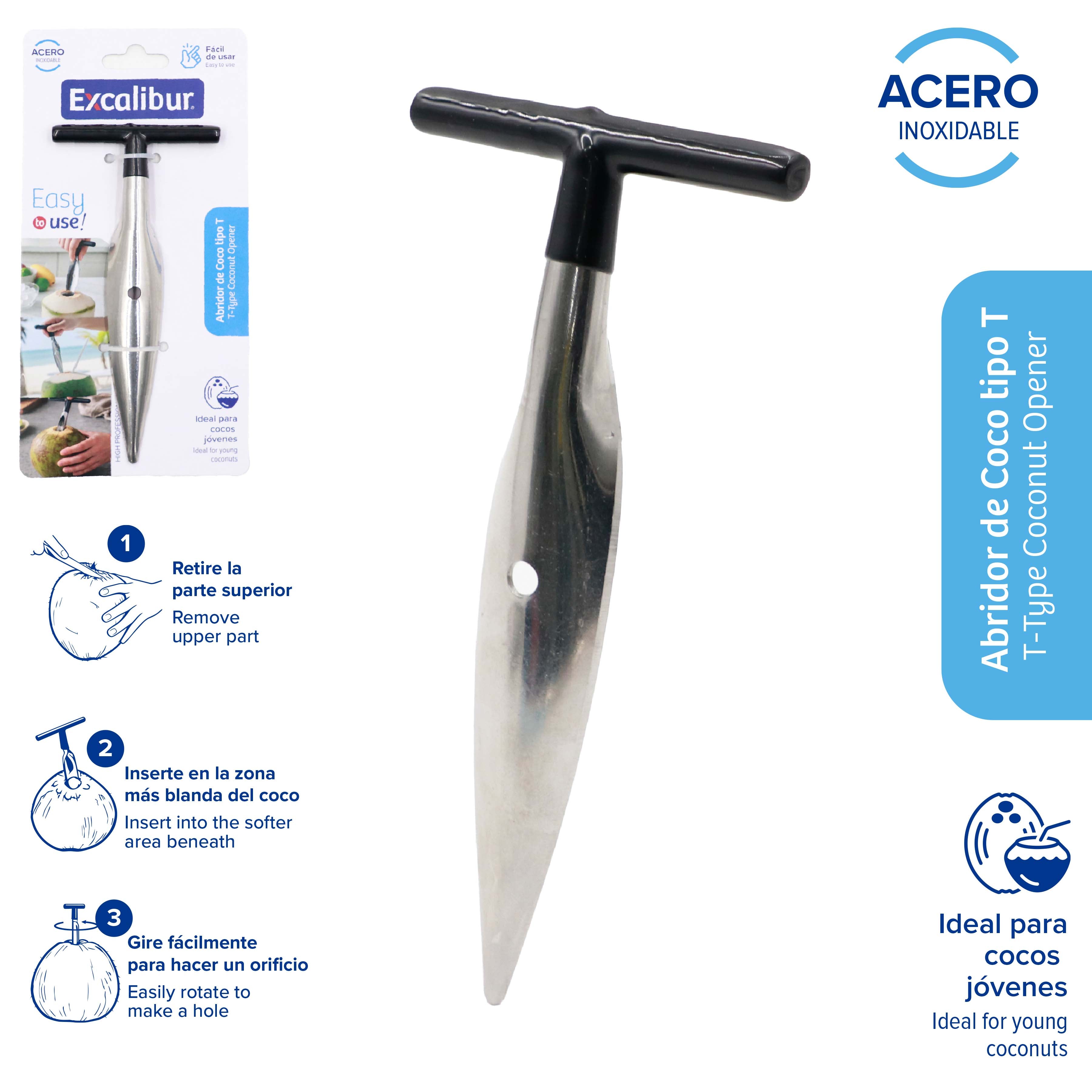 Abridor de Coco Tipo T Excalibur de Acero Inoxidable | Ideal para Cocos Jóvenes | CO001