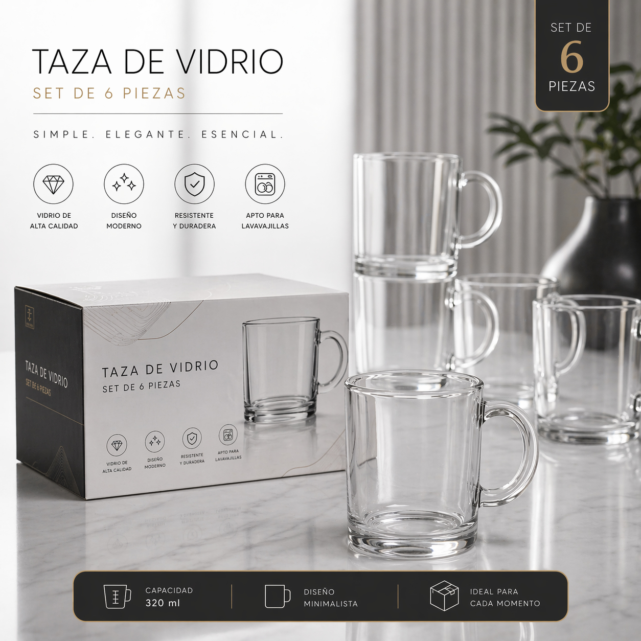 (LLEGANDO 5 DE MAYO) Set 6 Tazas de Vidrio Transparente LXZB-29