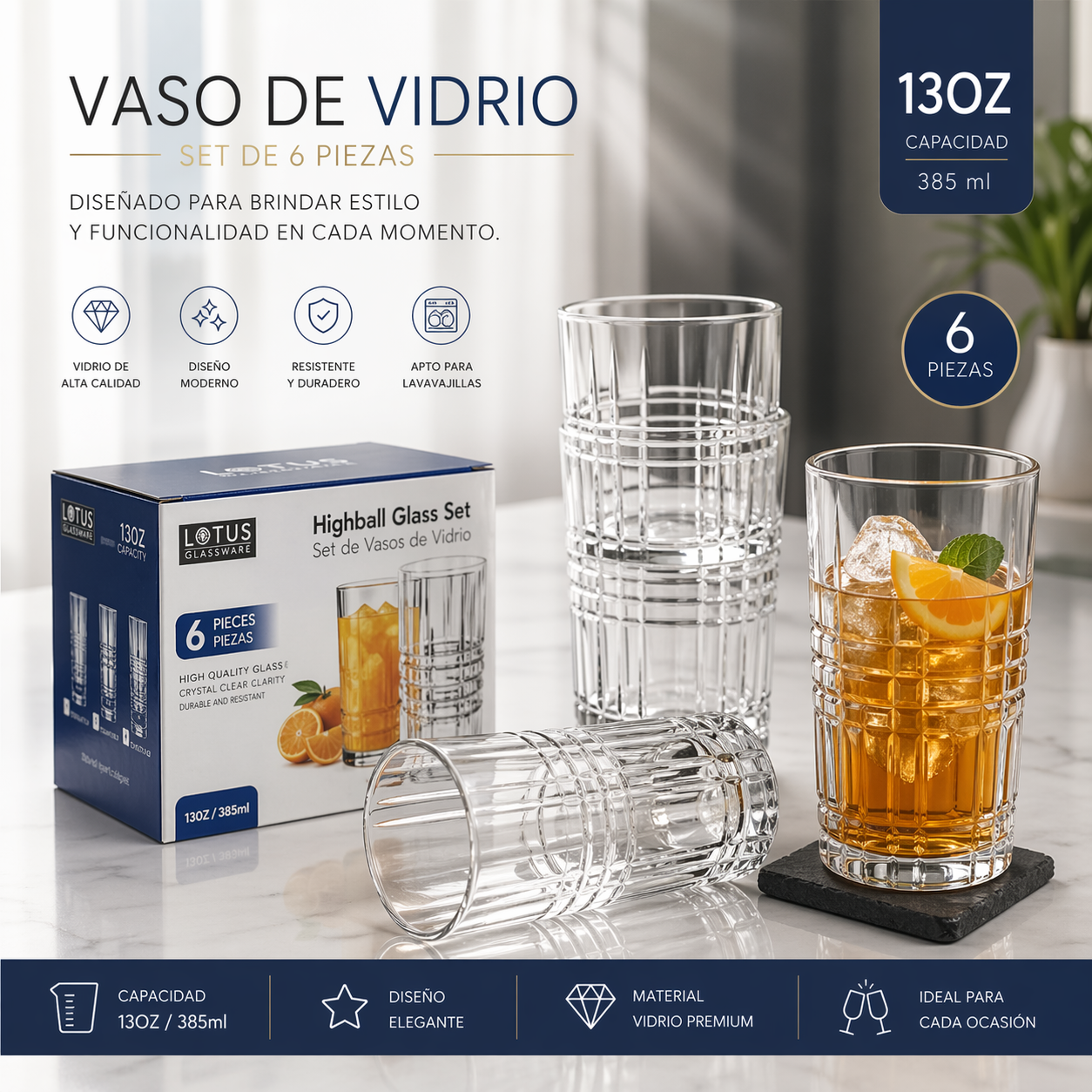 (LLEGANDO 5 DE MAYO) Set 6 Vasos de Vidrio 13oz Transparente Lotus LHC-B100913