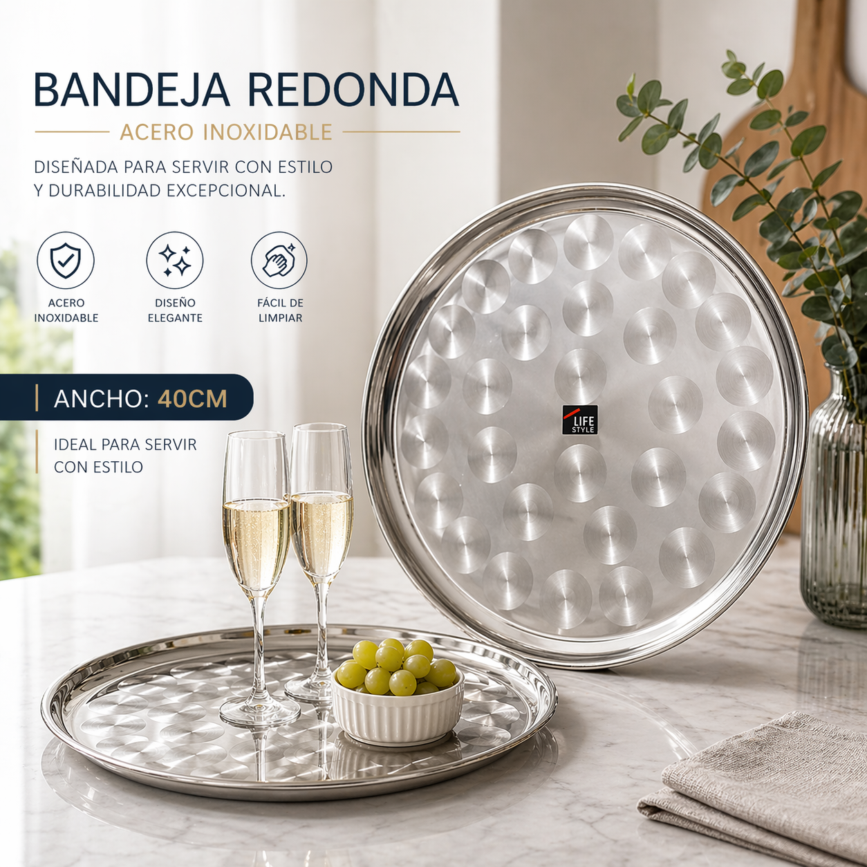 (LLEGANDO 5 DE MAYO) Bandeja Redonda de Acero Inoxidable 40cm 555 MI-4047 Circular.