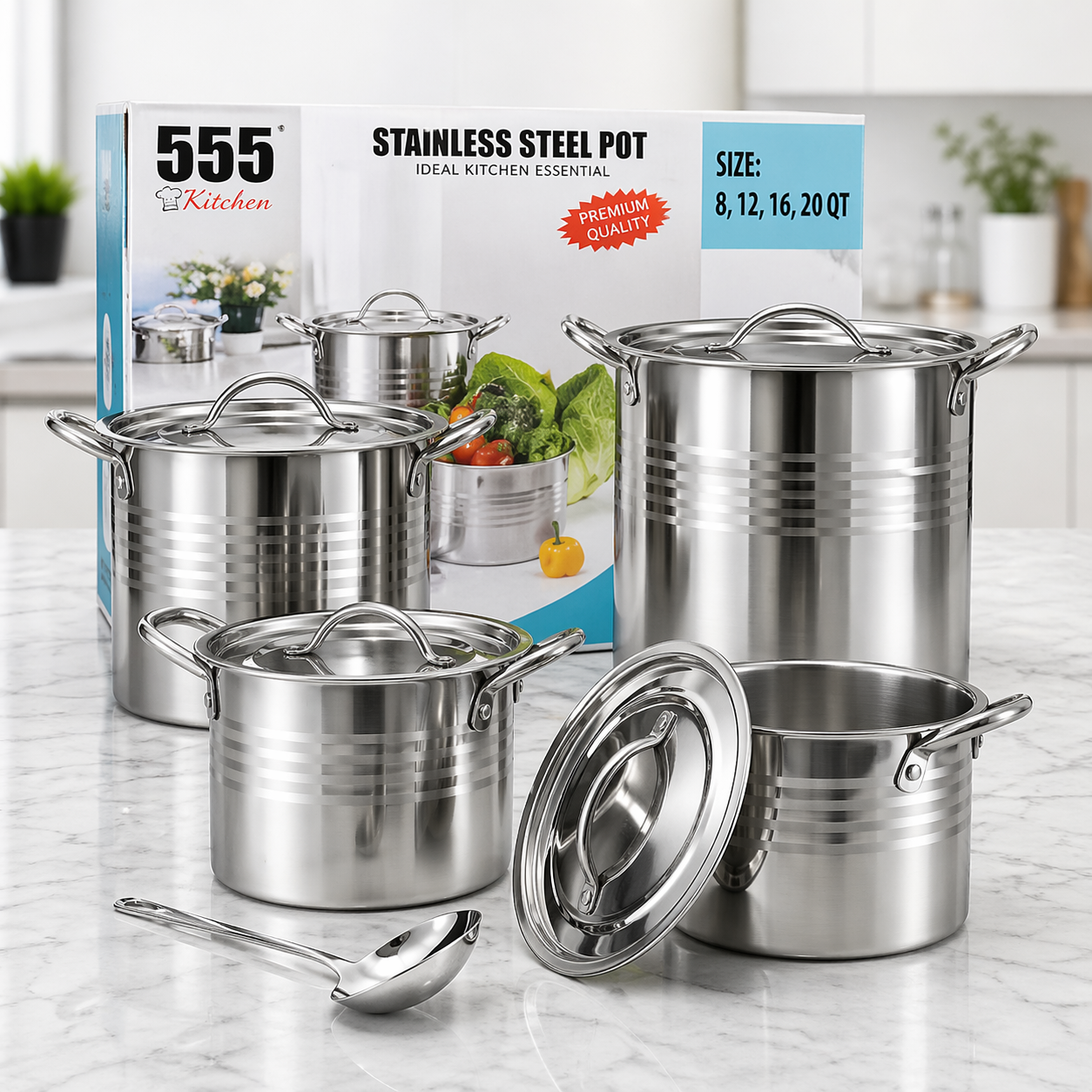 (LLEGANDO 5 DE MAYO) Juego de Ollas 4 Piezas 8QT/12QT/16QT/20QT + Cucharon Acero Inoxidable 555 MI-4002