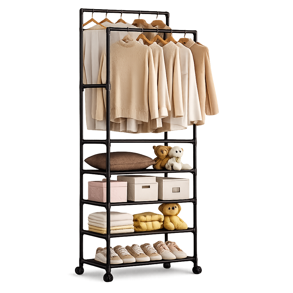 (LLEGANDO 5 DE MARZO) Perchero Tendedero de Ropa Multifuncional Moderno Negro con Rueditas 185x56x30cm FSK10949