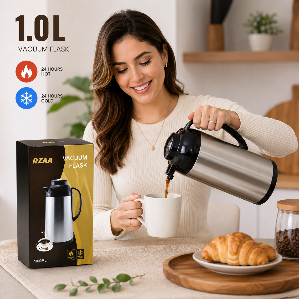 (LLEGANDO 3 DE JULIO) Termo de Acero Inoxidable 1.0L | Conserva Bebidas Calientes y Frías hasta por 24 Horas 2855C