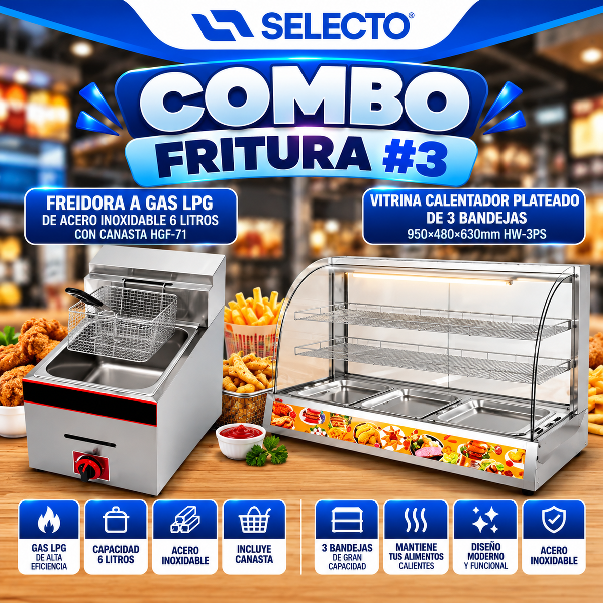 COMBO FRITURA #3 – Freidora Industrial a Gas LPG de 6 Litros HGF-71 + Vitrina Calentadora de Alimentos Gris de 2 Niveles 95cm HW-3PS