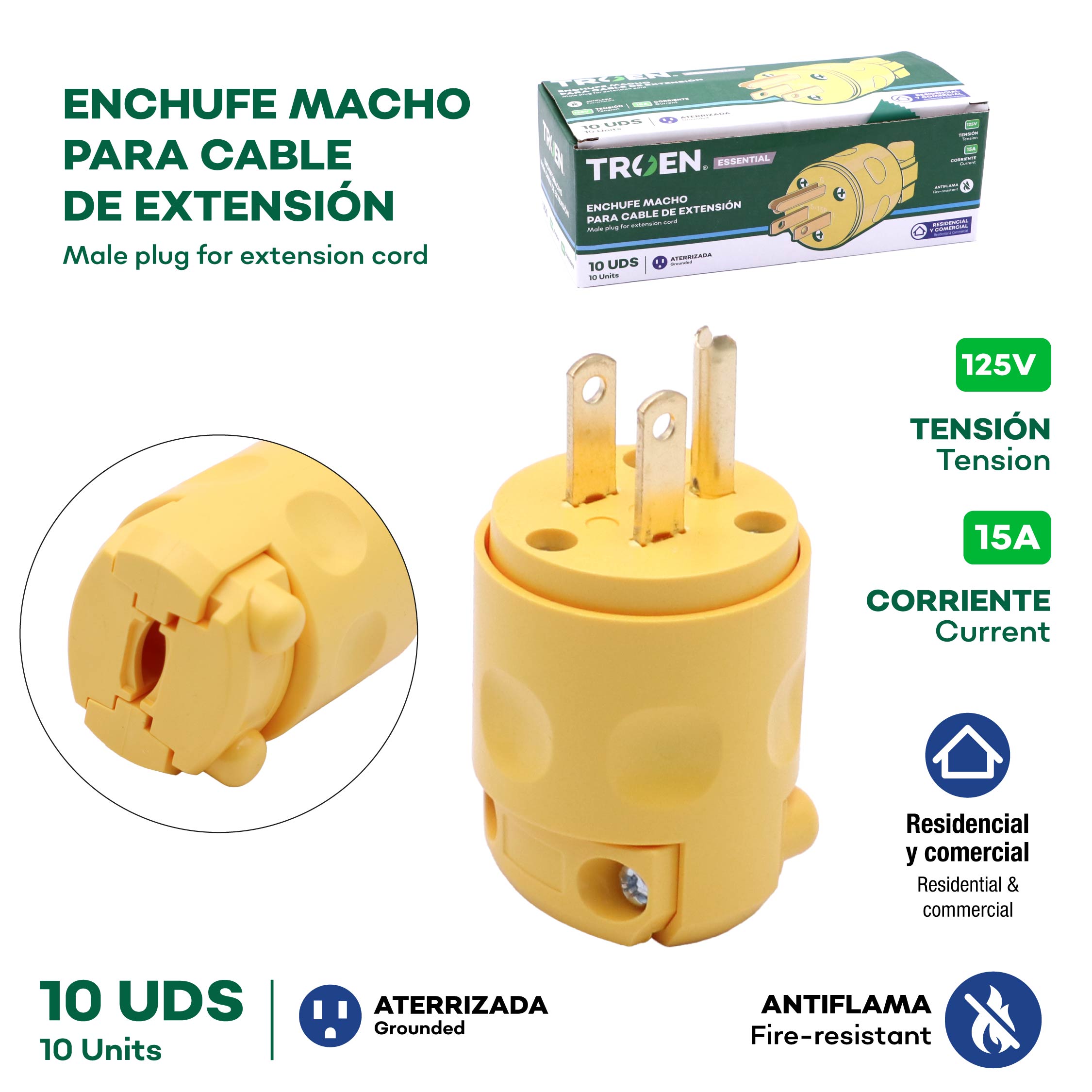 Enchufe Macho Blindado con Tierra 125V/15A TROEN DQ-023-O