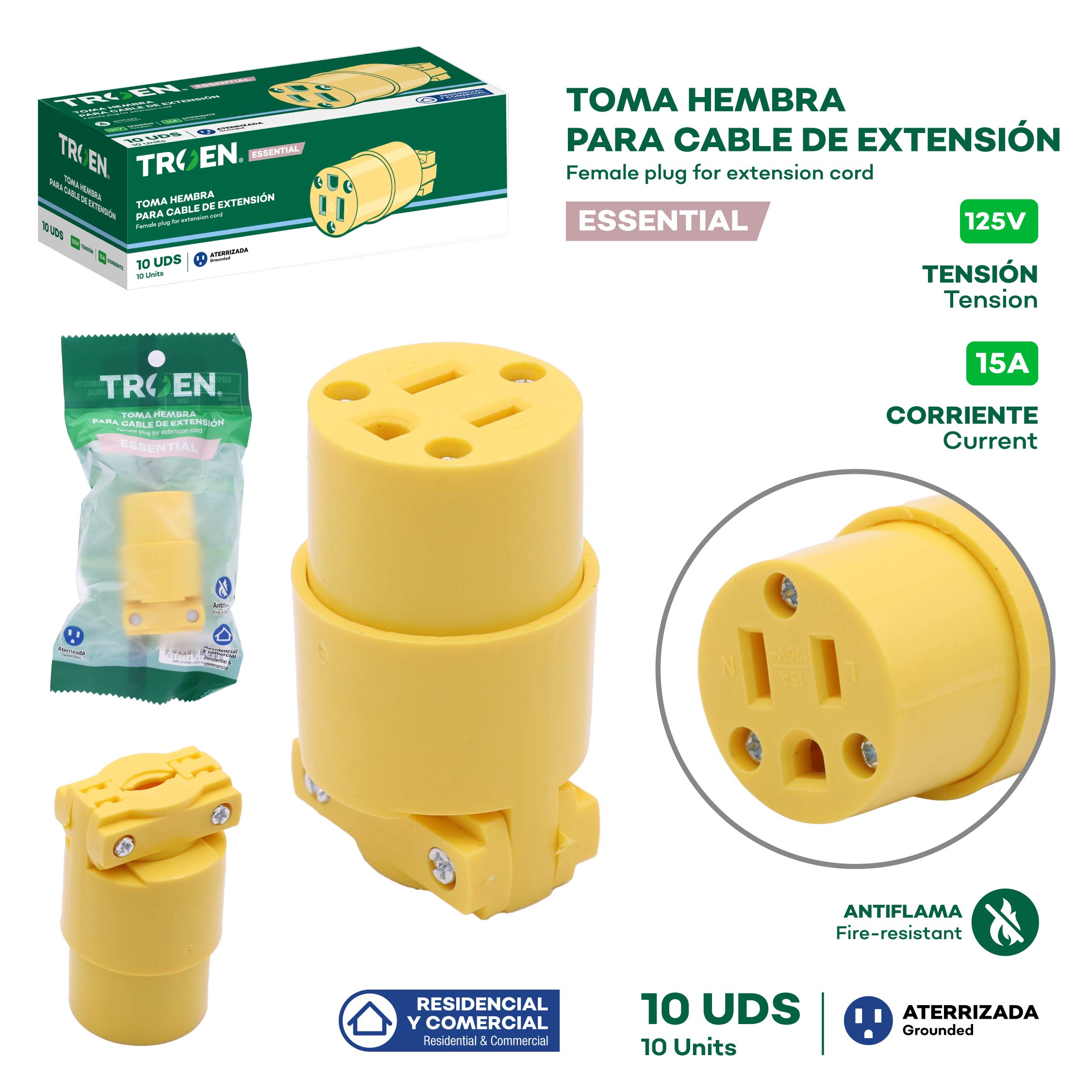 (LLEGANDO 5 DE JUNIO) Toma Hembra para Cable de Extensión 125V 10A TROEN DQ-023