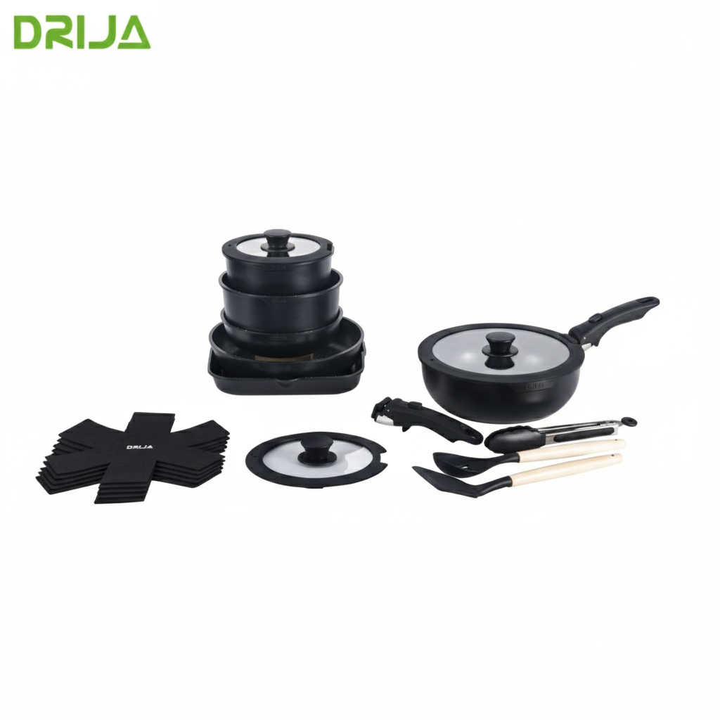 Juego de Ollas y Sartenes 19 Piezas Antiadherente Negro Compatible con Estufa de Inducción Drija BUCATINI 19-B DRIJA