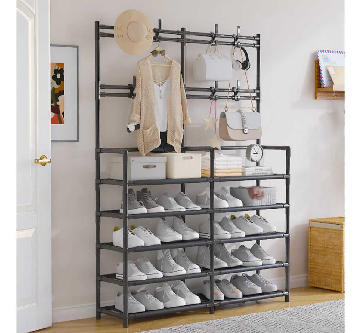 (LLEGANDO 27 DE MARZO) Perchero Tendedero de Ropa y Organizador de Zapatos Multifuncional Moderno 172x96x28cm FSK10954