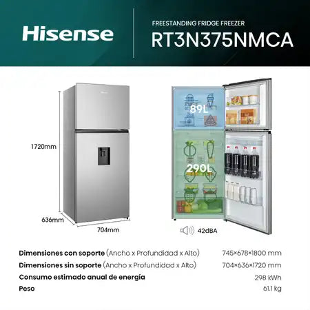 Refrigeradora Top Mount Hisense RT3N375NACA 13.4 Pies³ No Frost con Compresor Inverter, Multi Air Flow y Dispensador de Agua | Acero Inoxidable Nevera.
