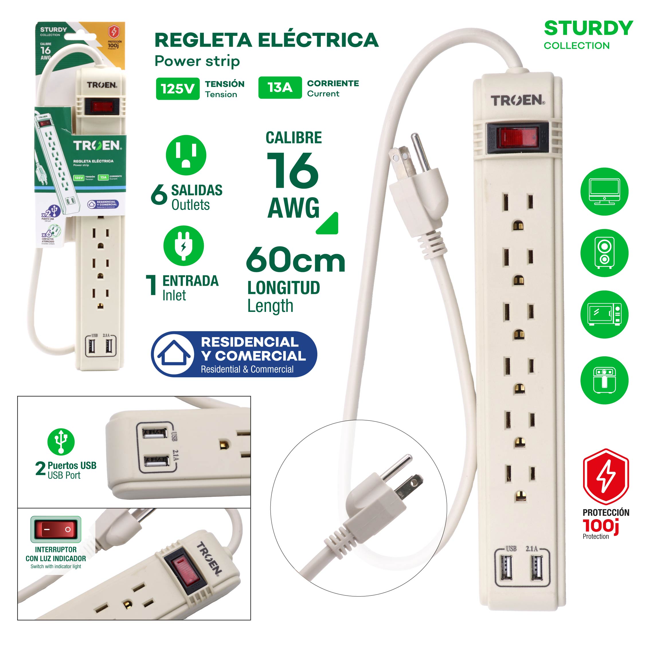 Regleta Eléctrica 6 Contactos 2 Entradas USB 60cm 125V TROEN ETR-J1502 TROEN