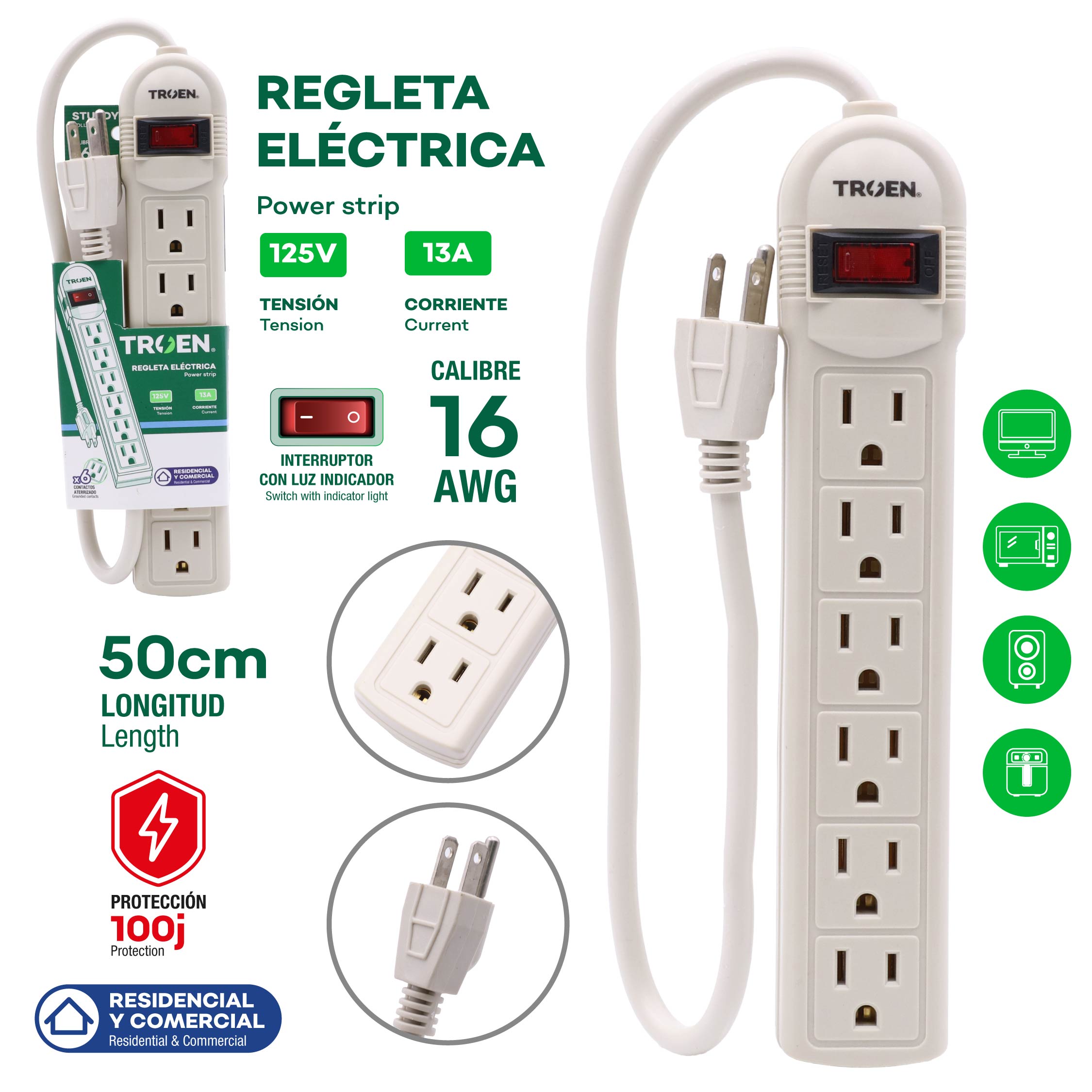 Regleta Eléctrica 6 Contactos 50cm 125V TROEN ETR-S1403 TROEN