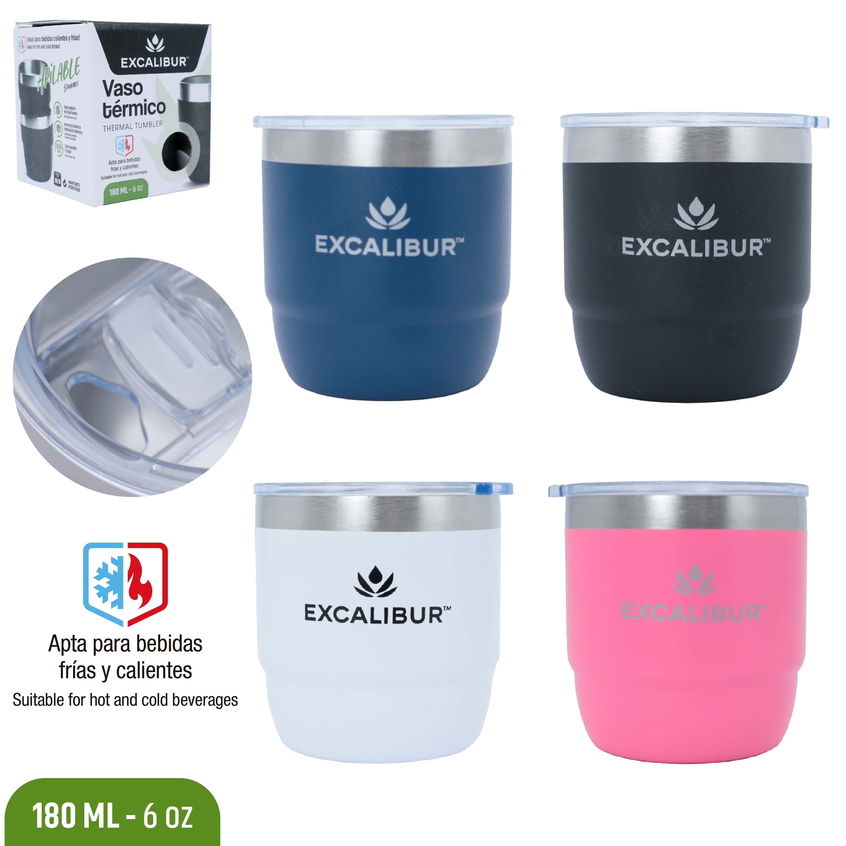 Vaso Térmico Excalibur 180 ml (6 oz) con Tapa | Apto para Bebidas Frías y Calientes | EX-BD25180