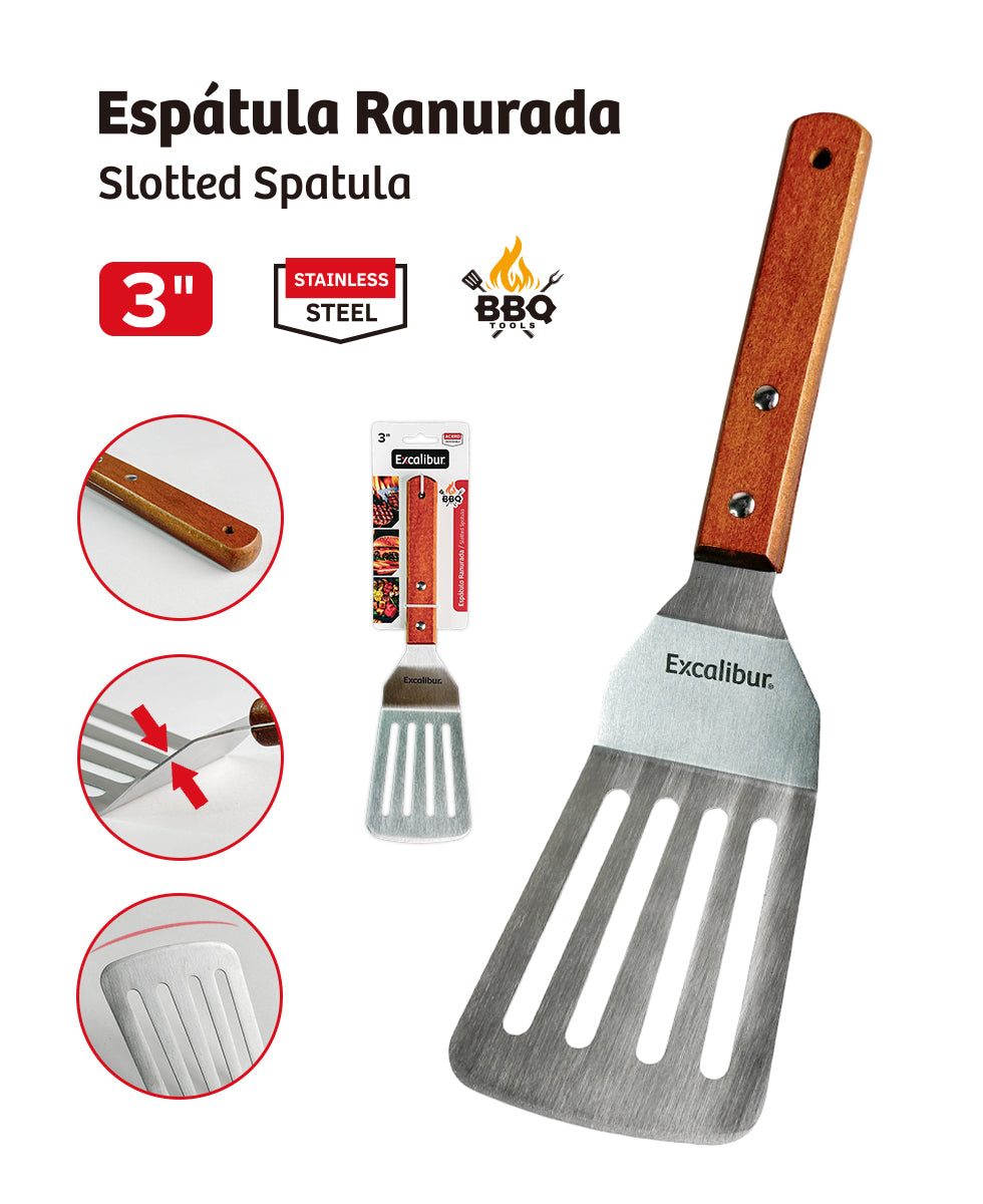 Espátula Ranurada de Acero Inoxidable con Agarre de Madera 3" Excalibur EX-BQ2510-S