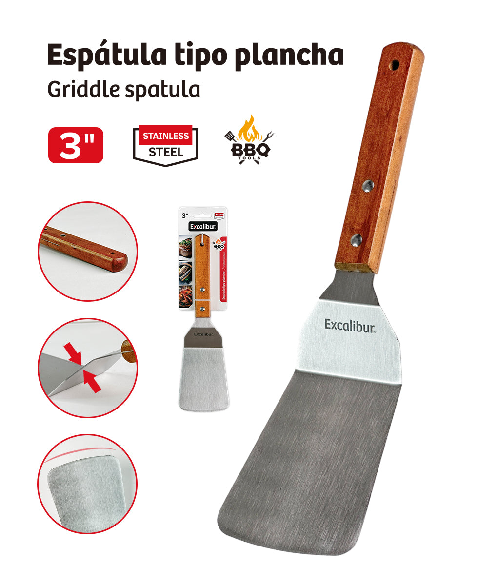 Espátula Tipo Plancha de Acero Inoxidable con Agarre de Madera 3" Excalibur EX-BQ2510-SH