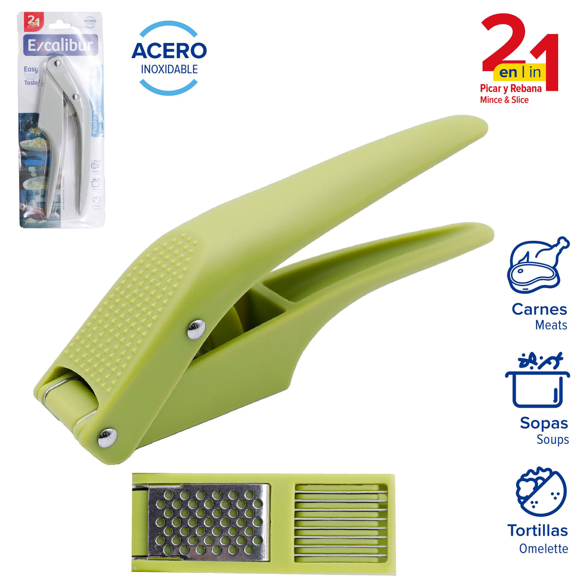 (LLEGANDO 25 DE SEPT) Triturador Picador y Rebanador de Ajos 2 en 1 de Acero Inoxidable para Cocina Excalibur EX-KT1925-N