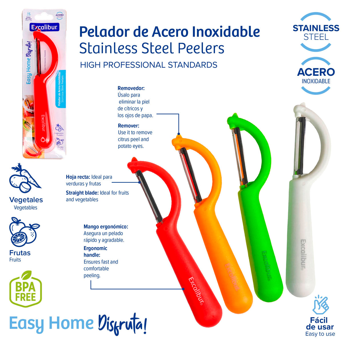 Pelador de Frutas y Vegetales de Acero Inoxidable con Mango Ergonómico Excalibur EX-KT2324