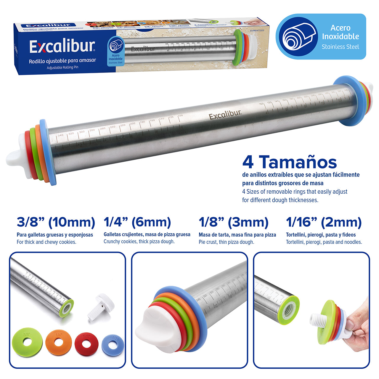 Rodillo de Acero Inoxidable Antiadherente con 4 Anillos de Disco Ajustable Excalibur EX-M16-KT2203