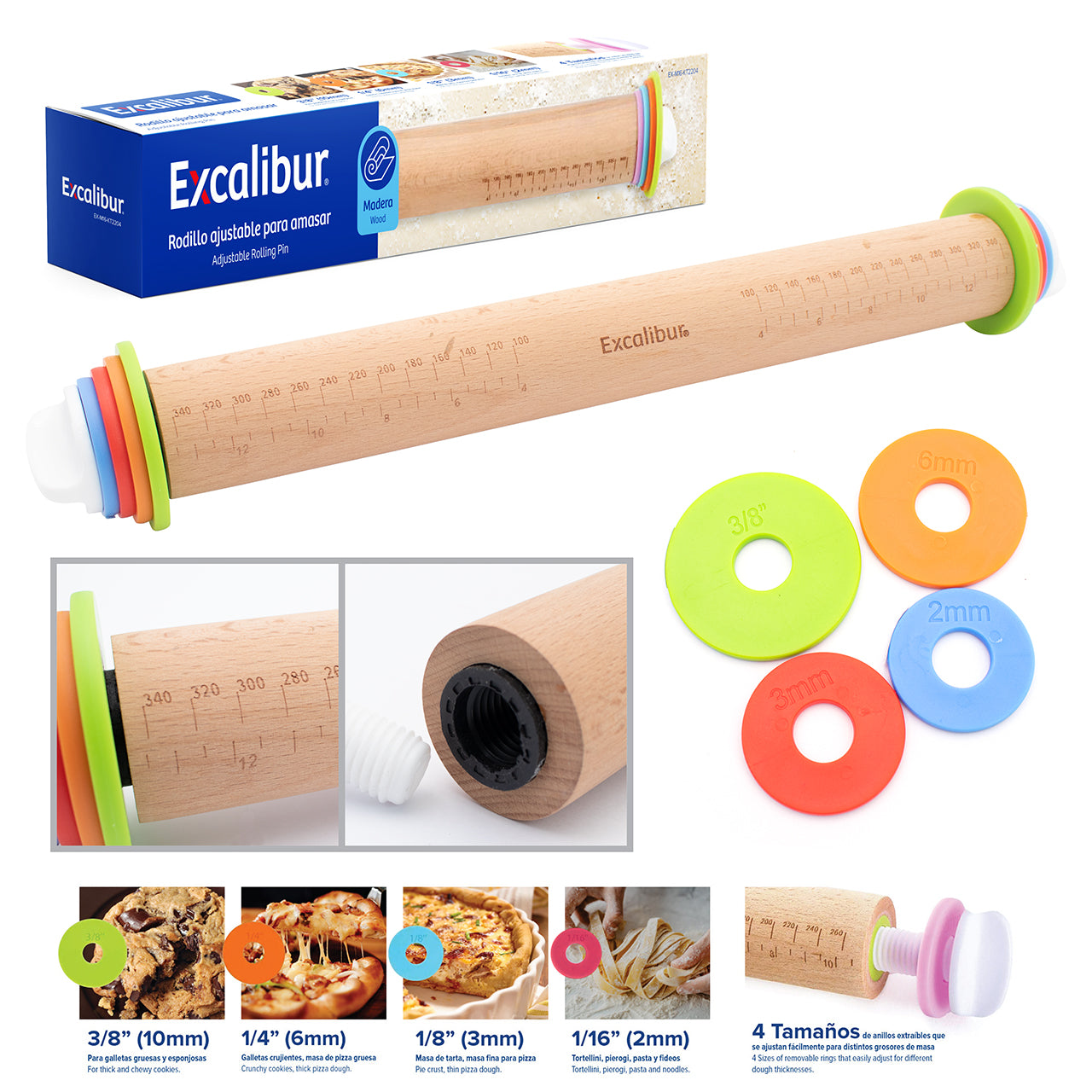 Rodillo de Madera Ajustable para Amasar Excalibur EX-M16-KT2204 EXCALIBUR