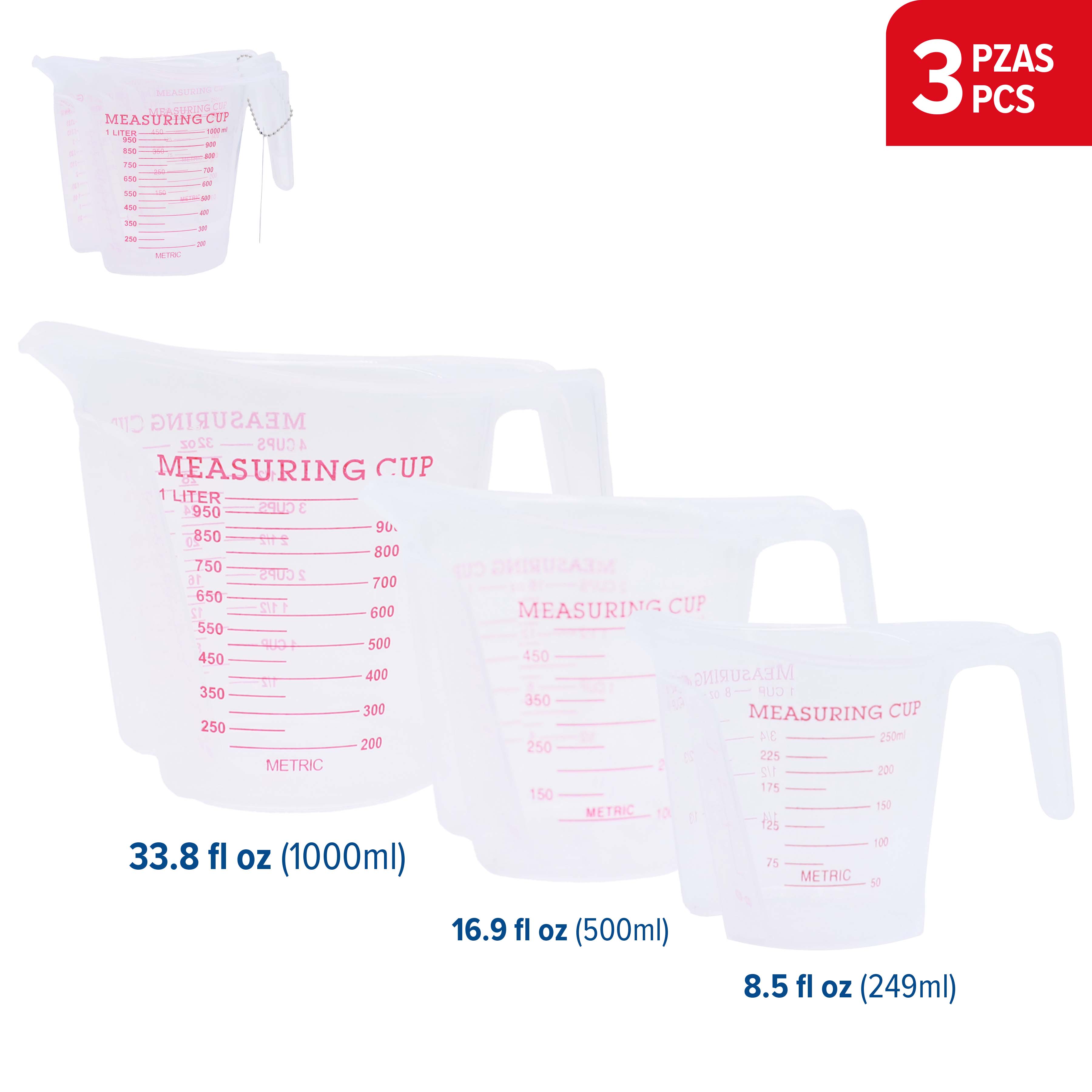 Set 3 Tazas de Medir Plásticas 240ml, 500ml, 1000ml EX-MC03C
