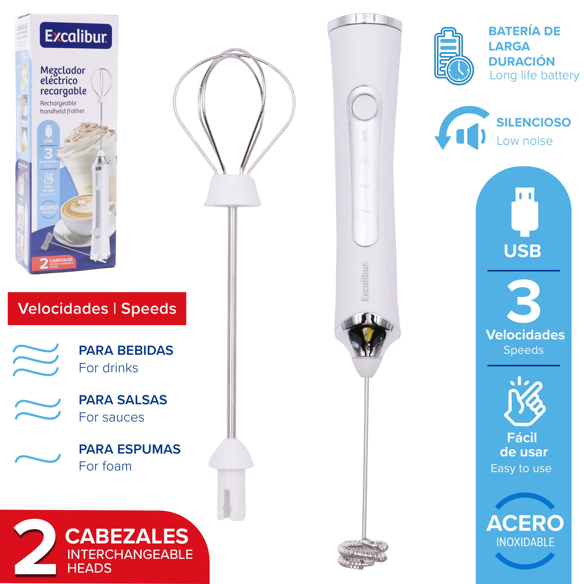 (LLEGANDO 25 DE SEPT) Mezclador Eléctrico Recargable USB 3 Velocidades con 2 Cabezales para Café, Leche, Bebidas y Espumas Excalibur EX-MF03