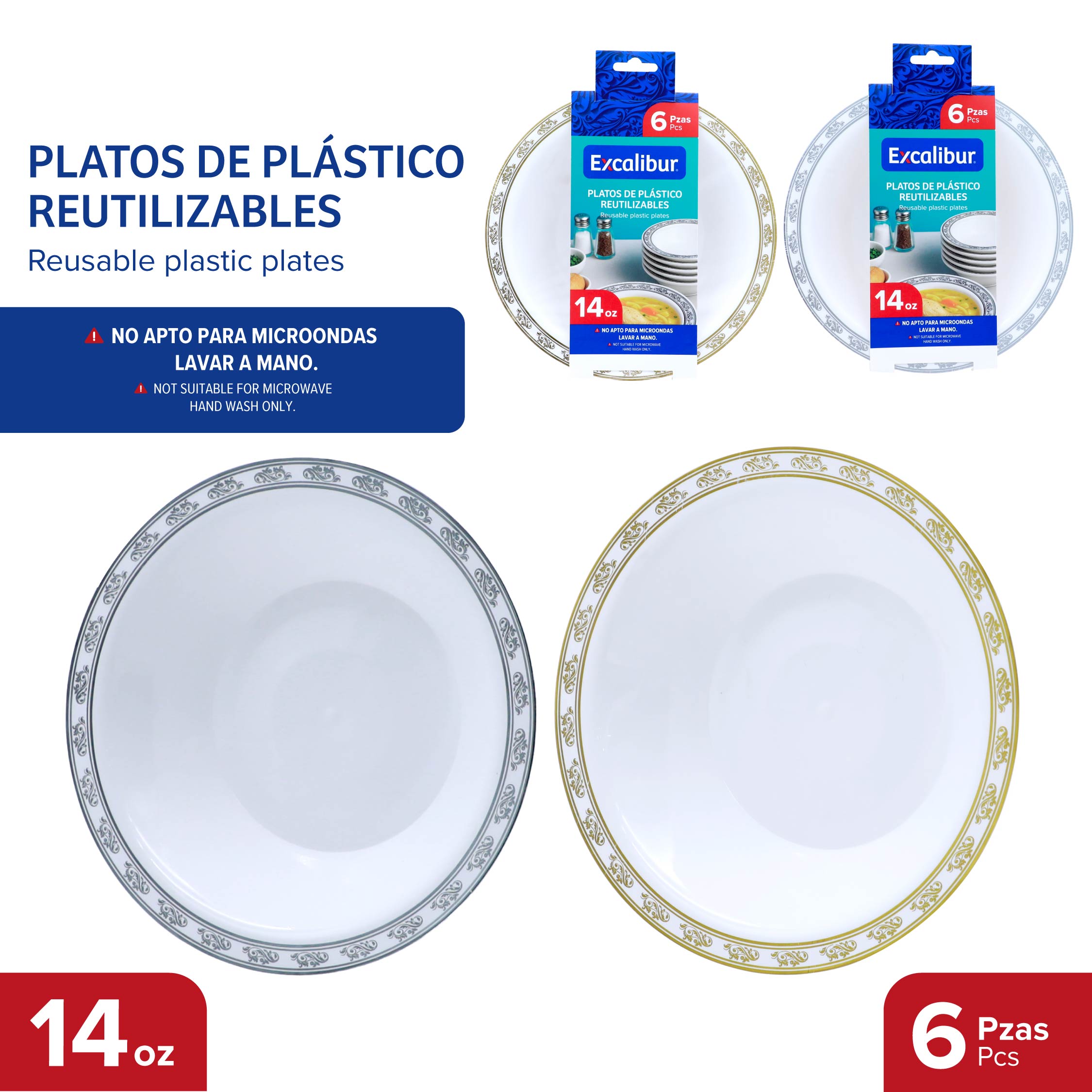 (LLEGANDO 5 DE JUNIO) PT. de 6 Platos Reutilizables 14cm Excalibur EX-PTC-1027-6